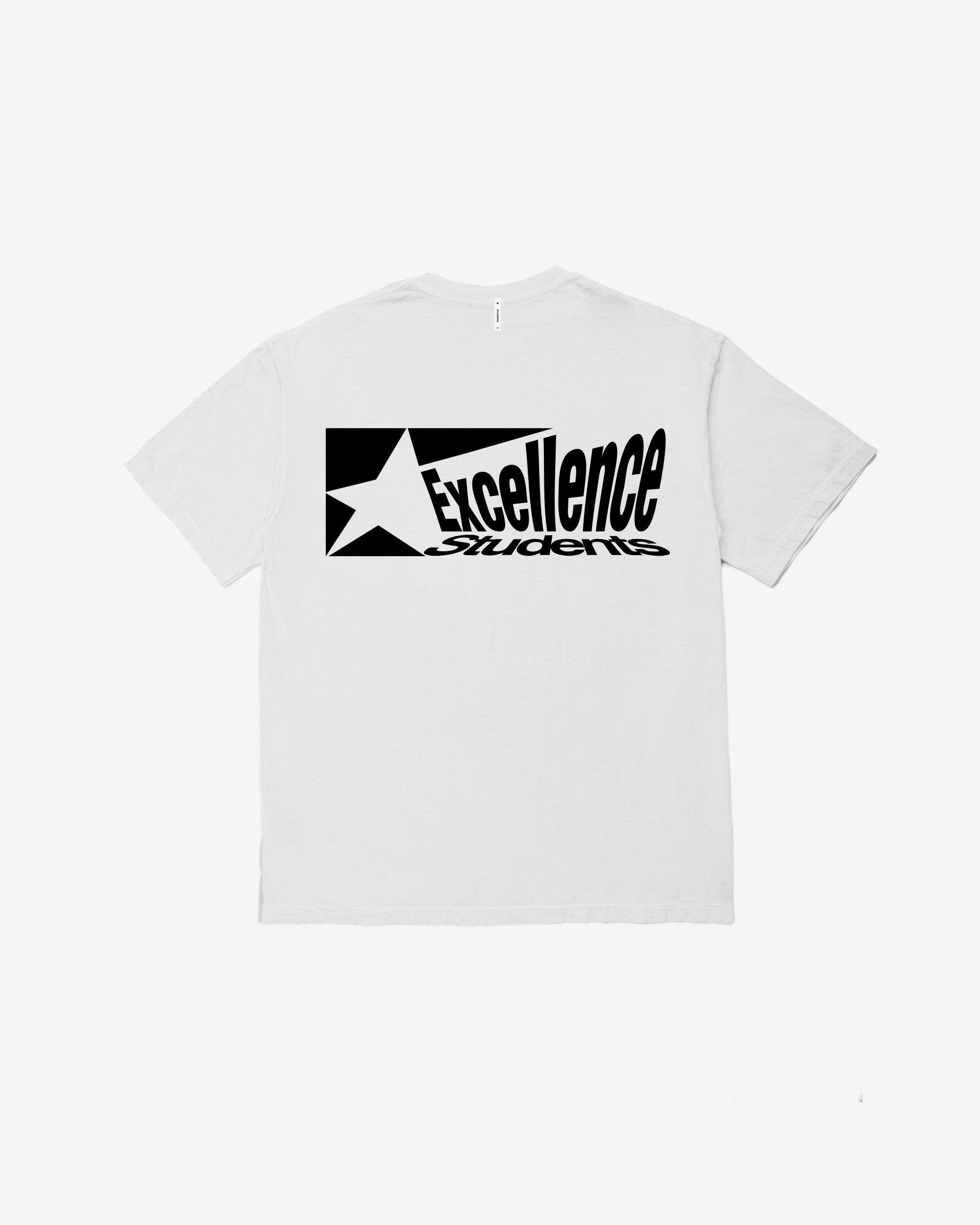 White t-shirt with black graphic design on a white background