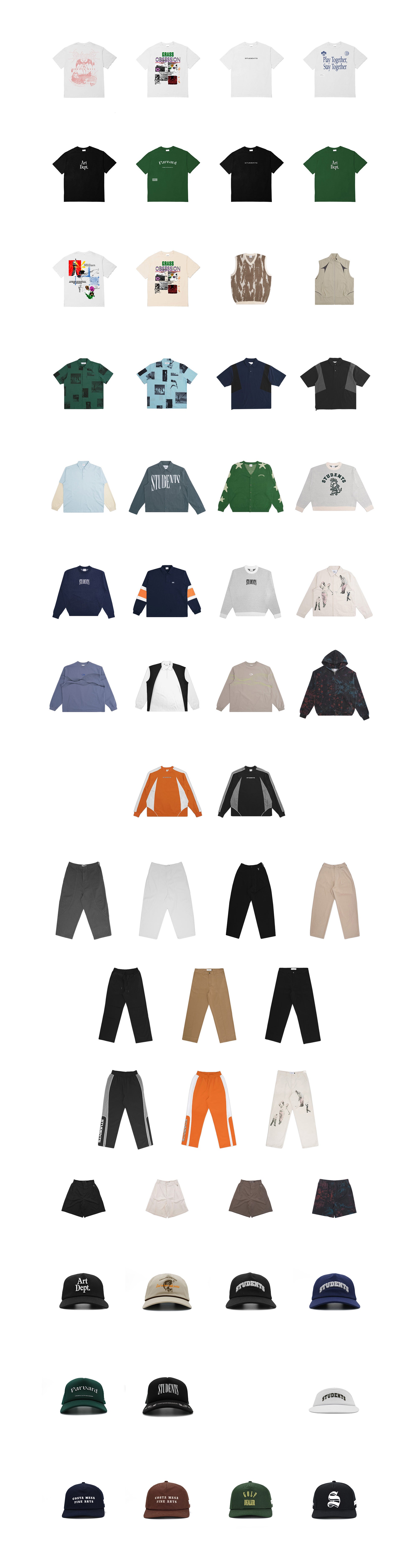 Grid of various clothing items including shirts, pants, and hats on a white background