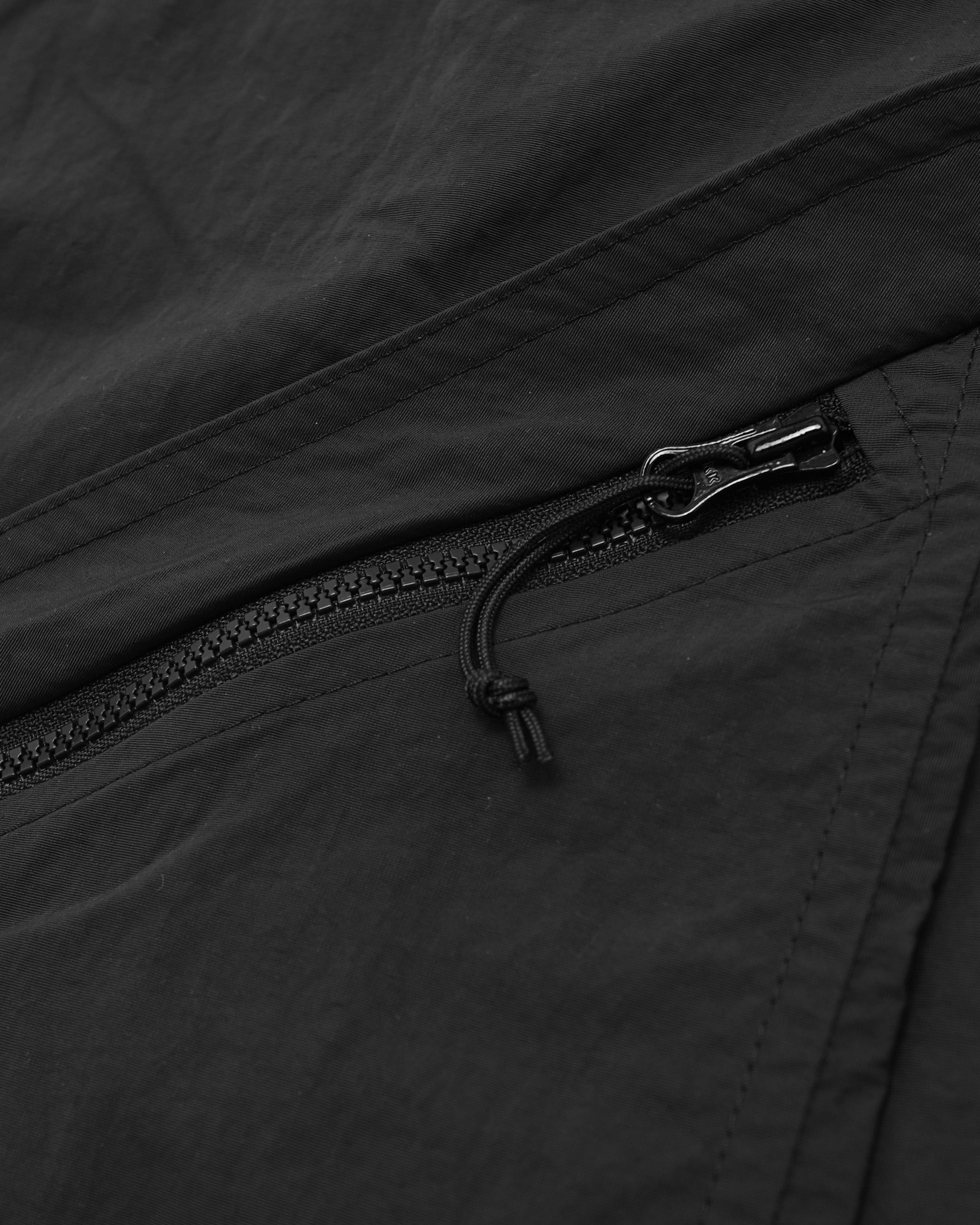Close-up of a black zipper on a black jacket
