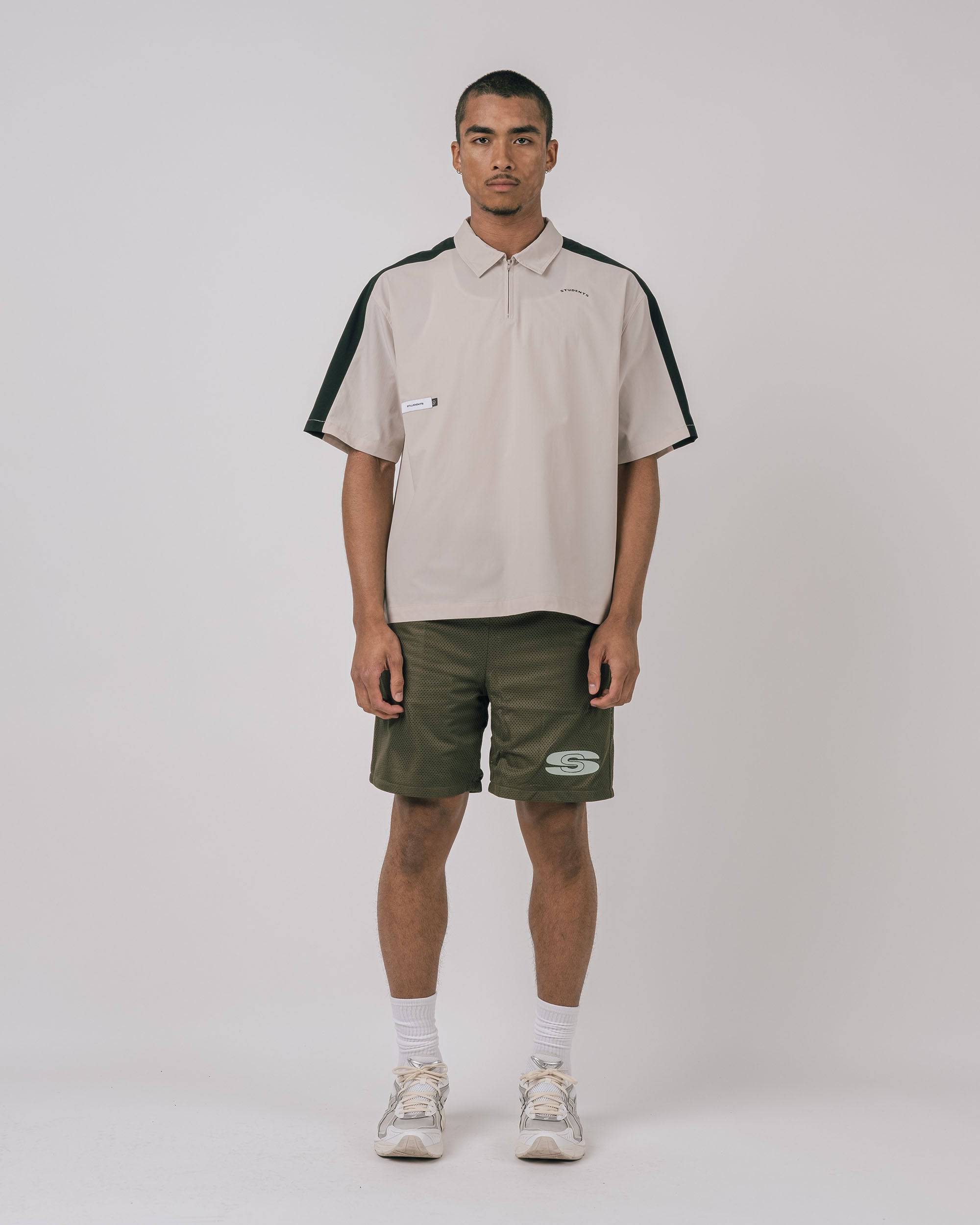 Balfour Poplin Zip Polo in sand - front view