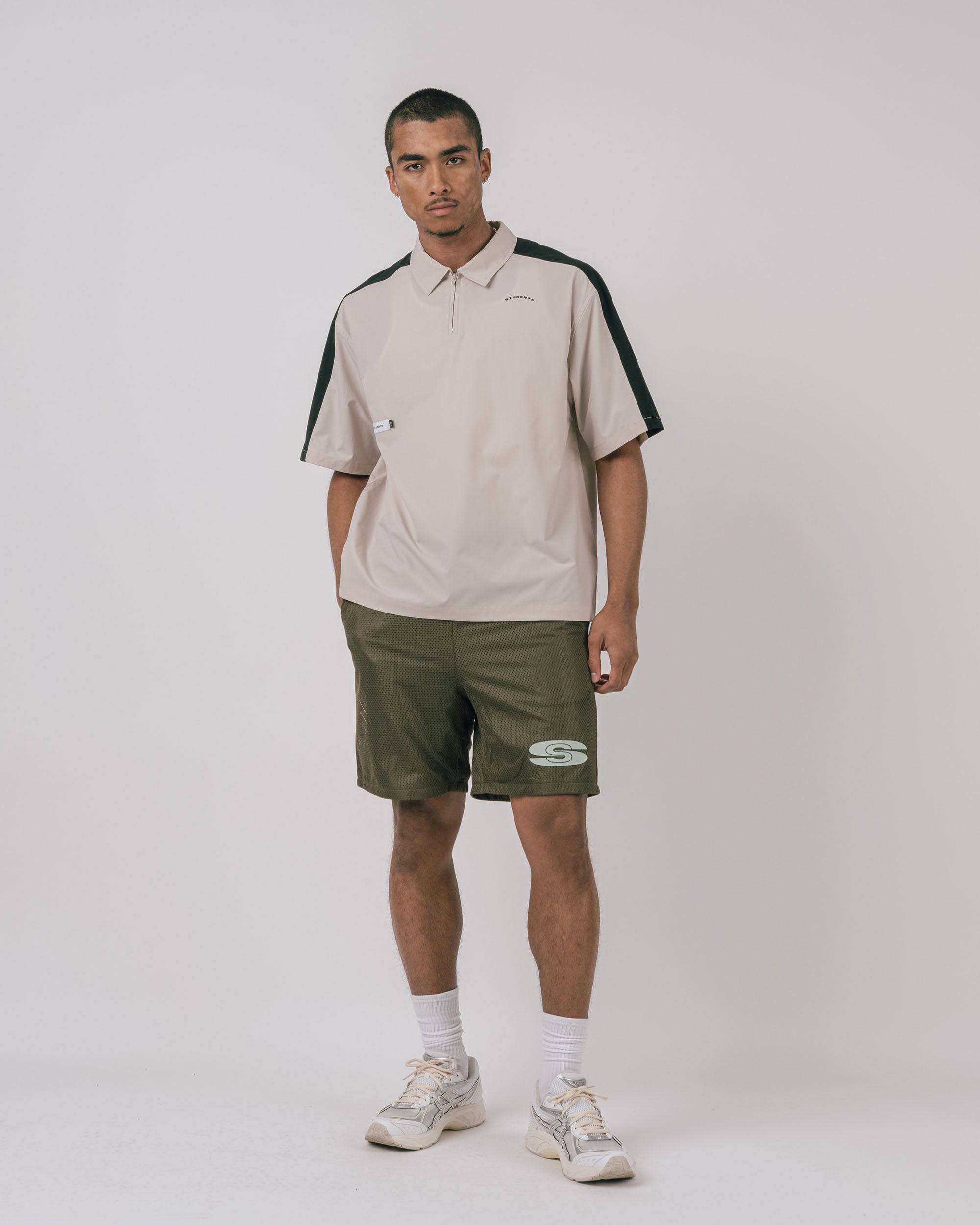 Balfour Poplin Zip Polo in sand - front view