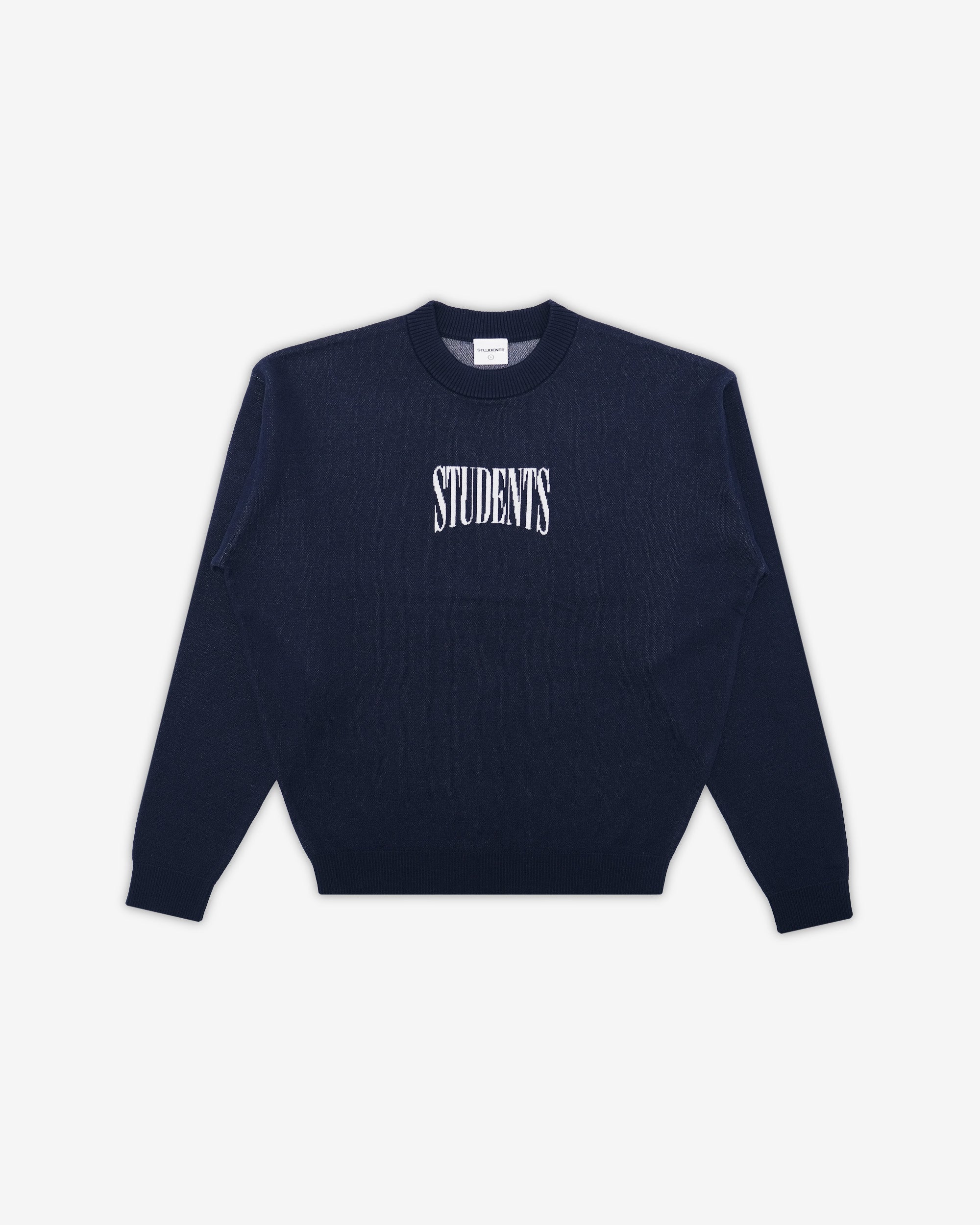 Navy blue sweatshirt with 'STUDENTS' text on a white background