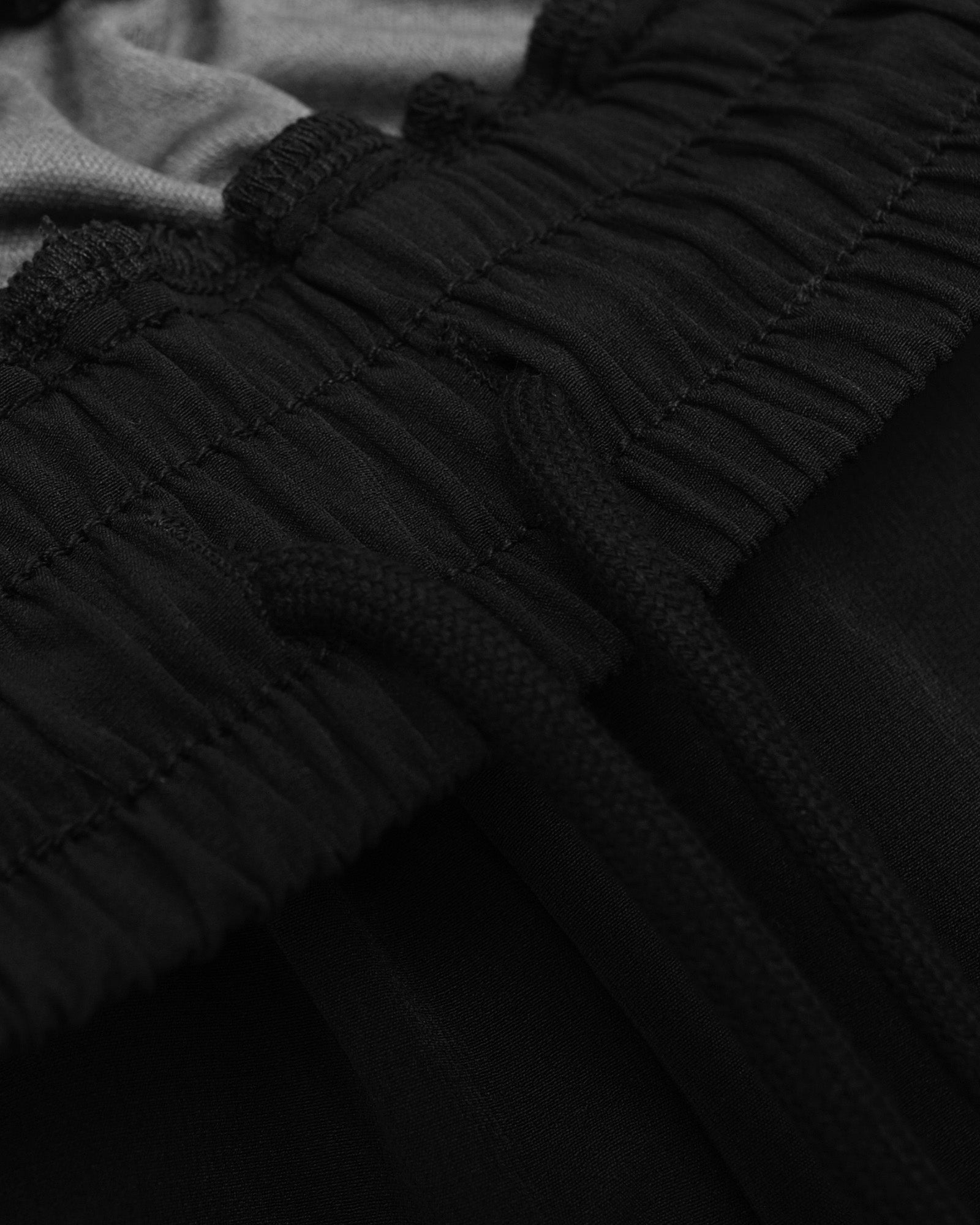 Close-up of textured black fabric with ruched details