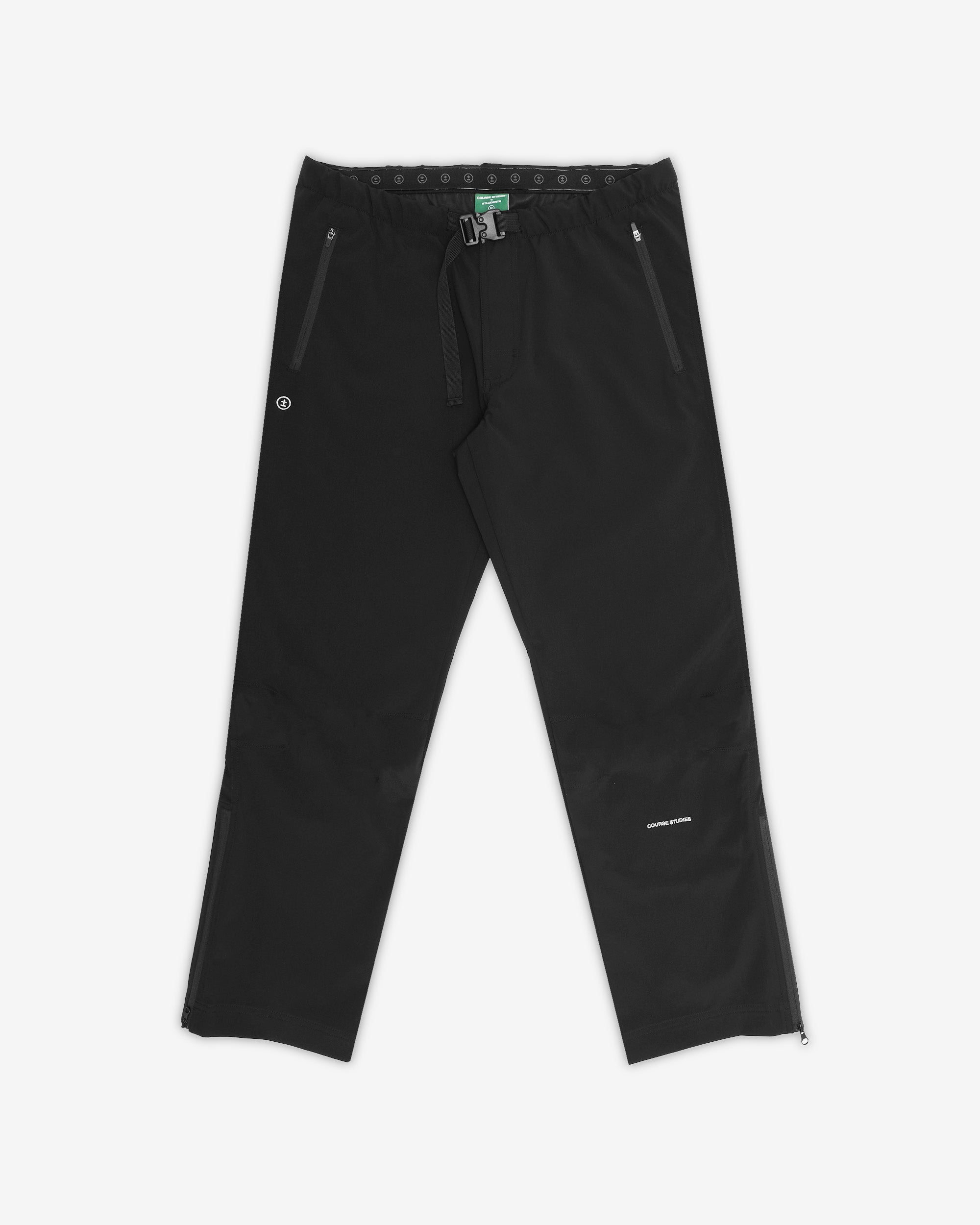 Black pants with a brand tag on a white background