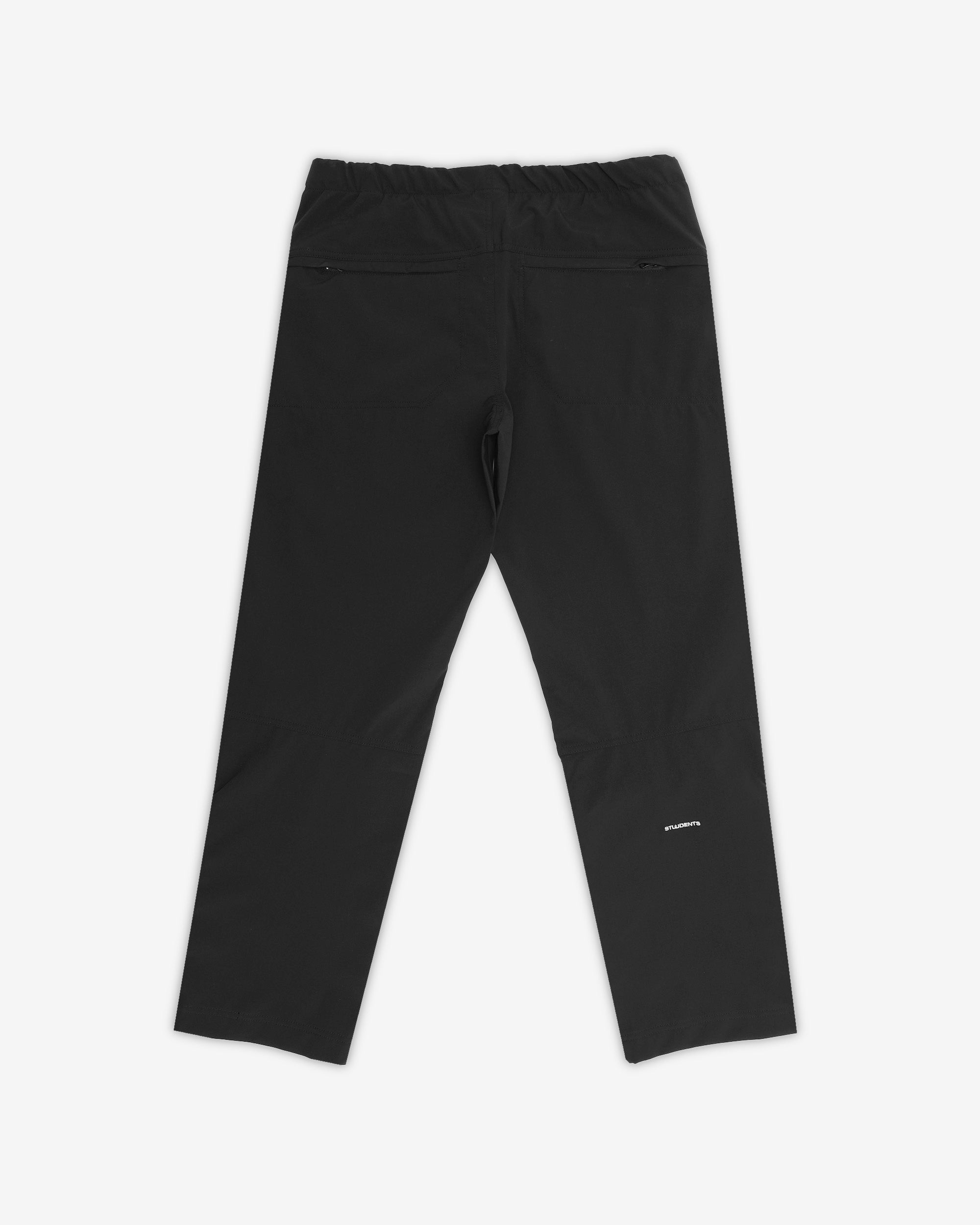 Black pants with a brand logo on a white background