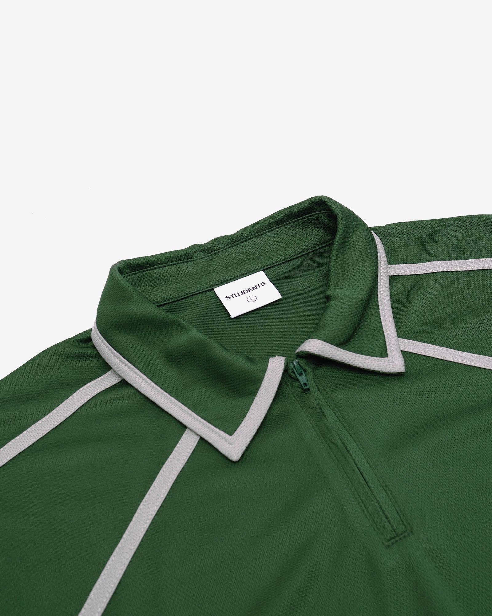 Green polo shirt with gray accents on a white background