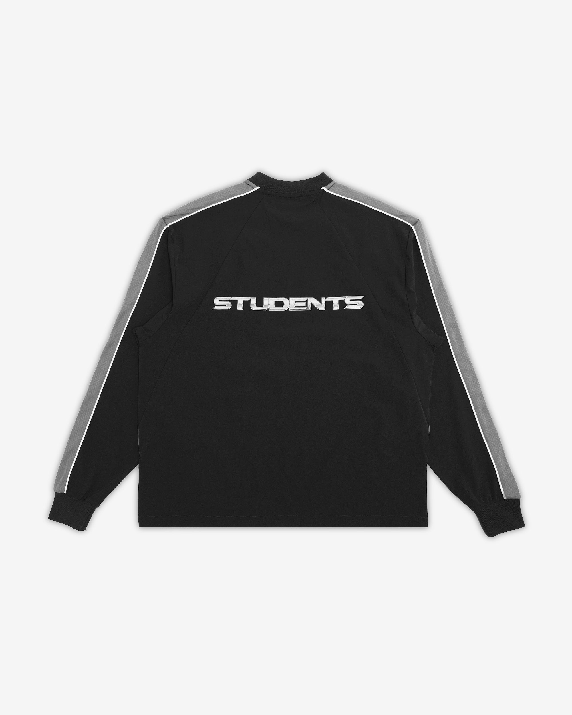 Black jacket with white lettering on a white background