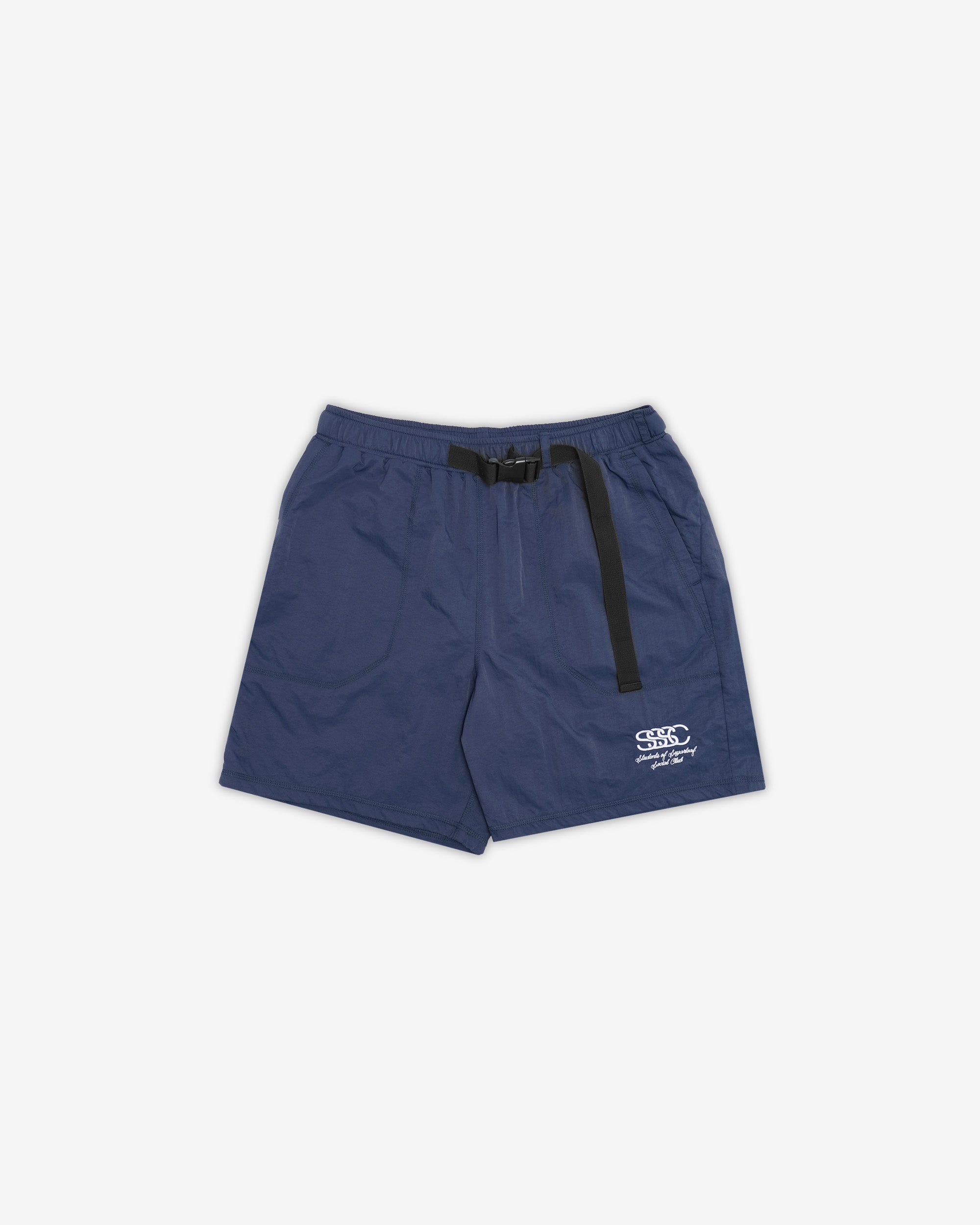 Blue shorts with a black drawstring on a white background