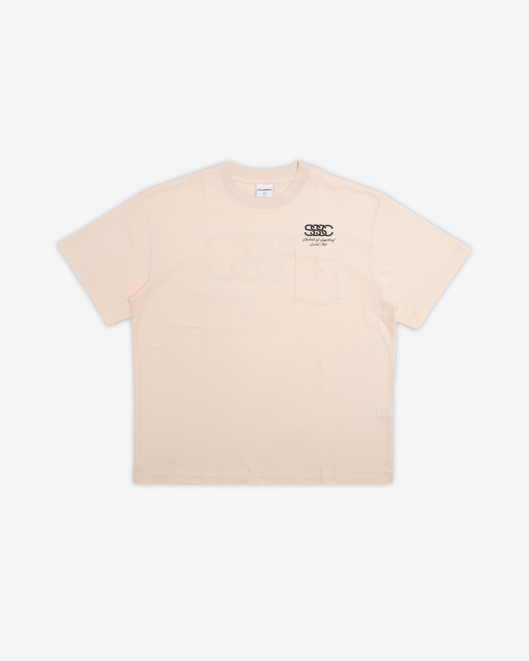Beige t-shirt with a small logo on a white background