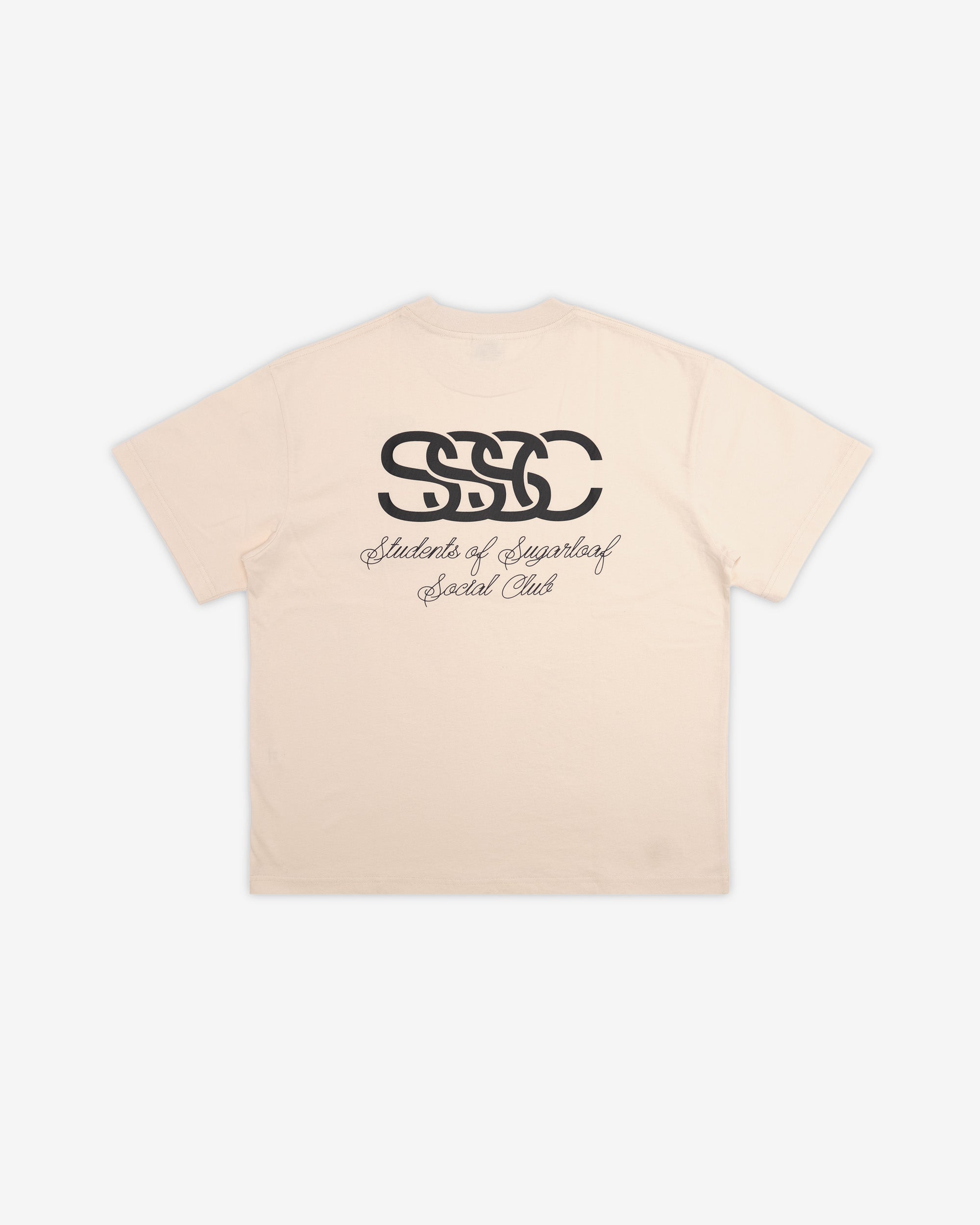 Beige t-shirt with black logo and text on a white background