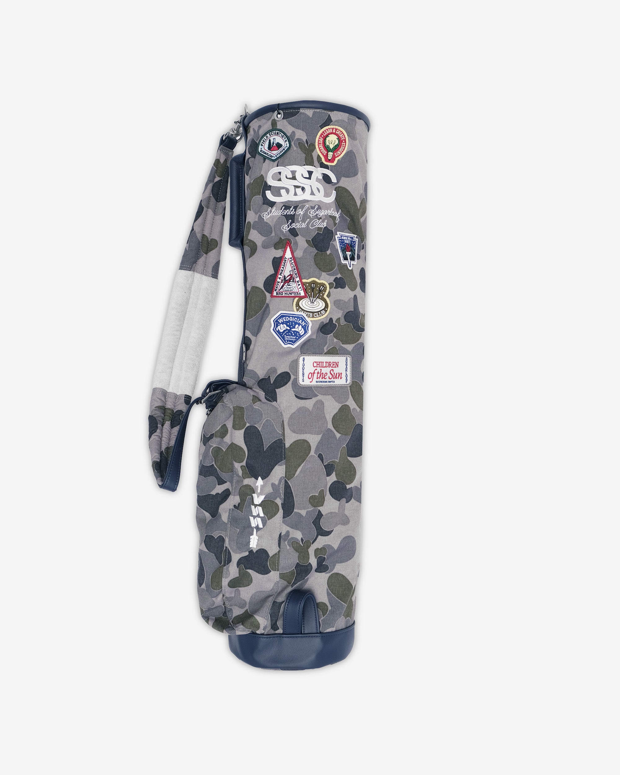 Camouflage golf bag with patches on a white background