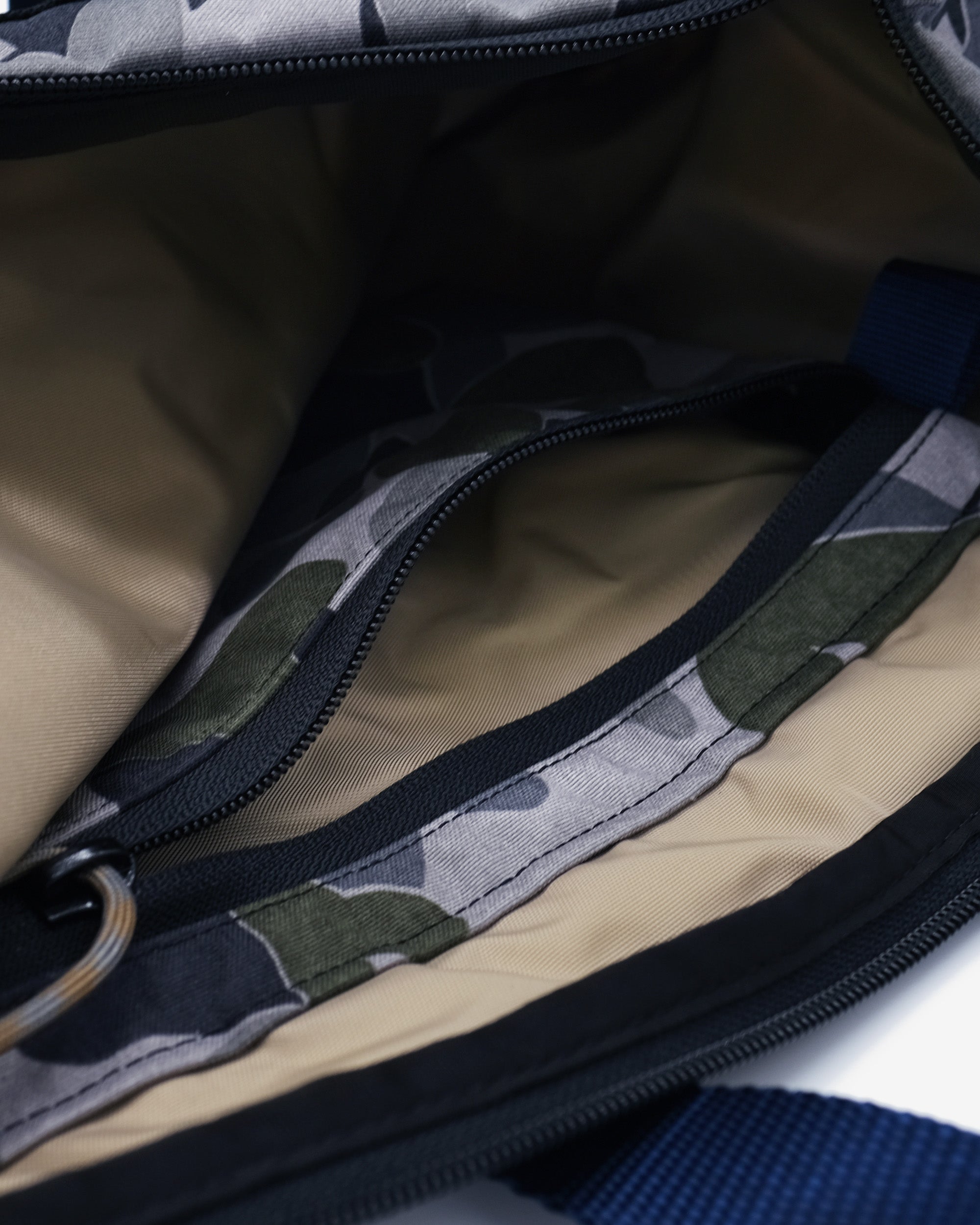 Close-up of a bag interior with camouflage patterned lining