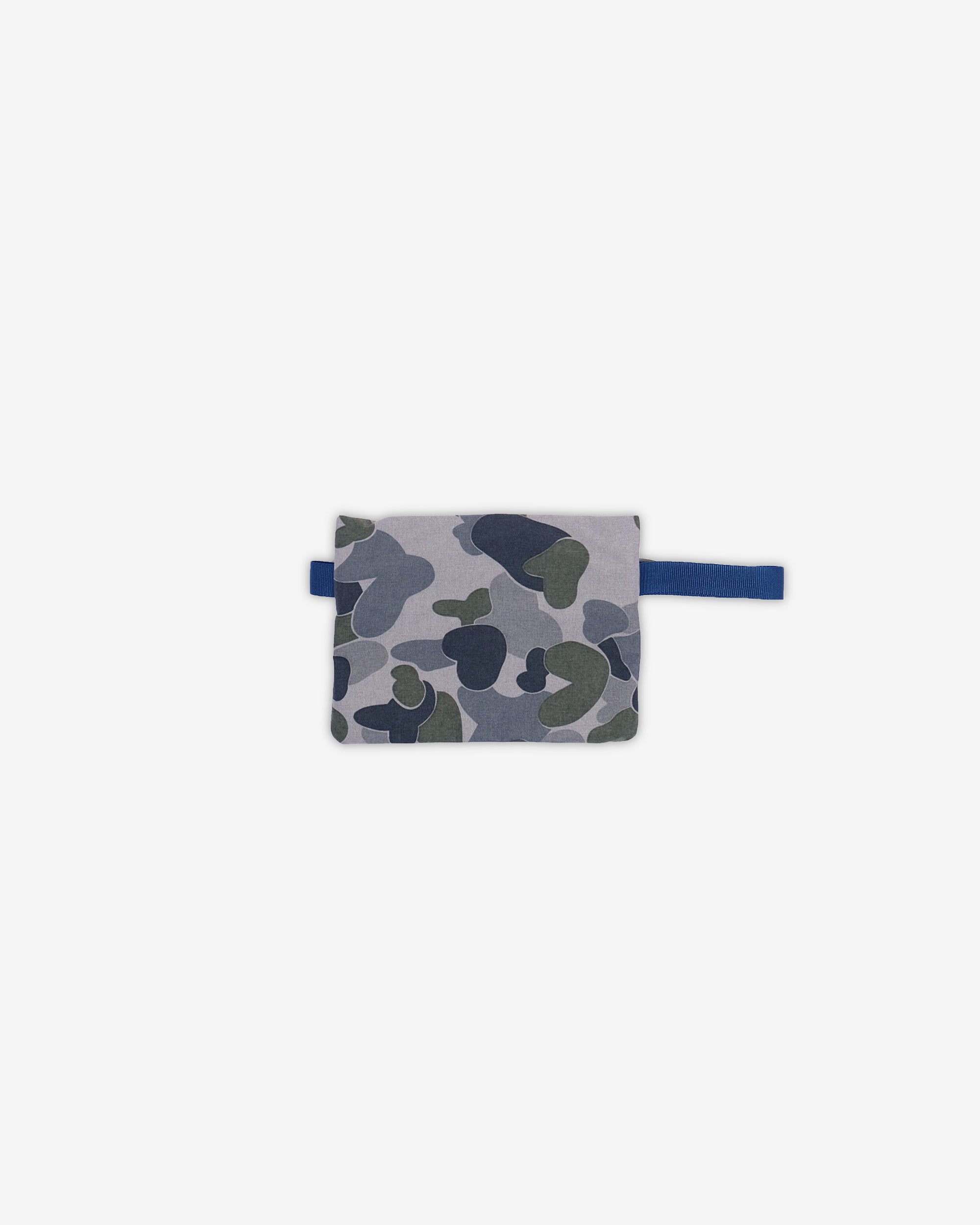 Camouflage-patterned pouch with blue strap on a white background