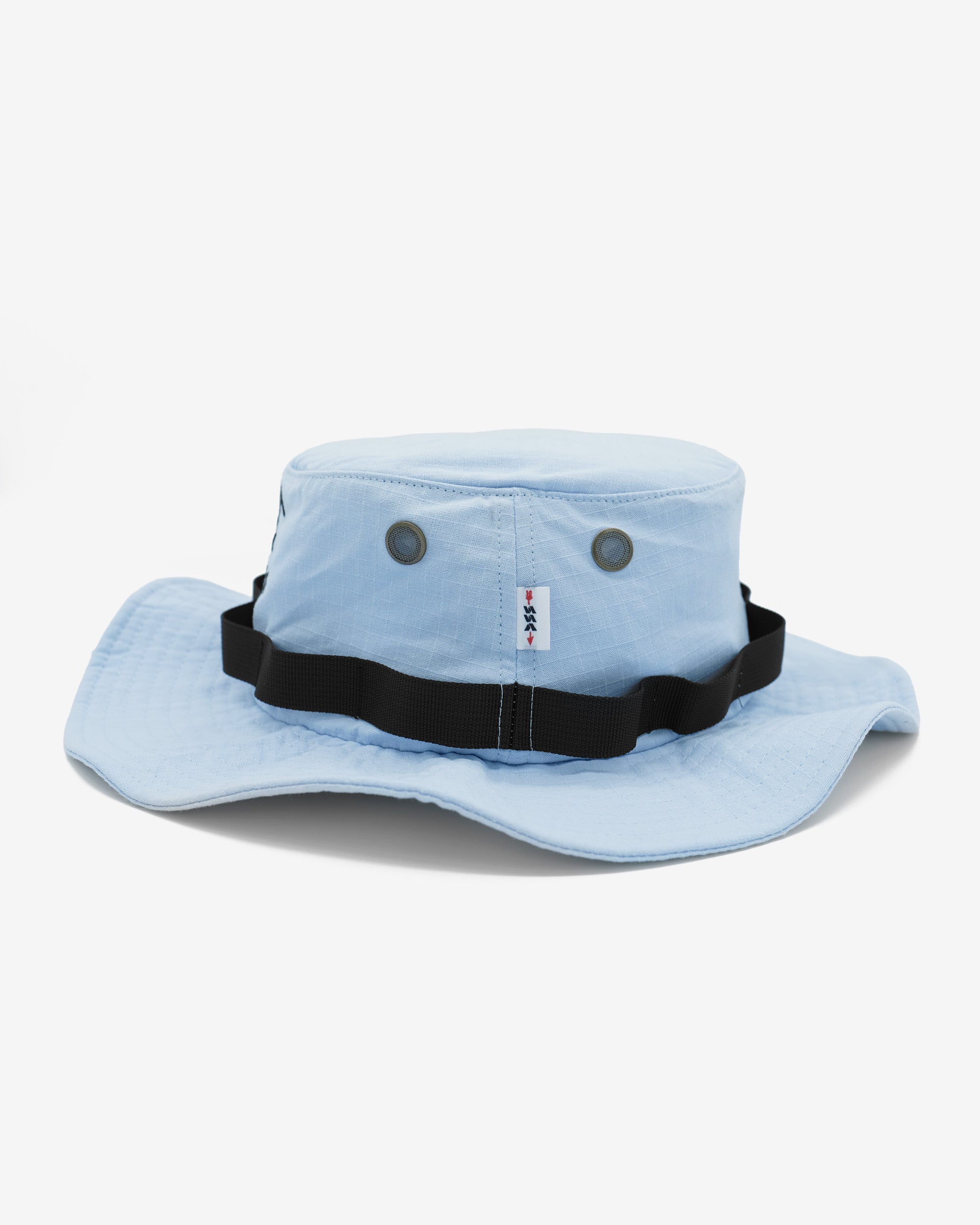 Light blue bucket hat with black strap on a white background