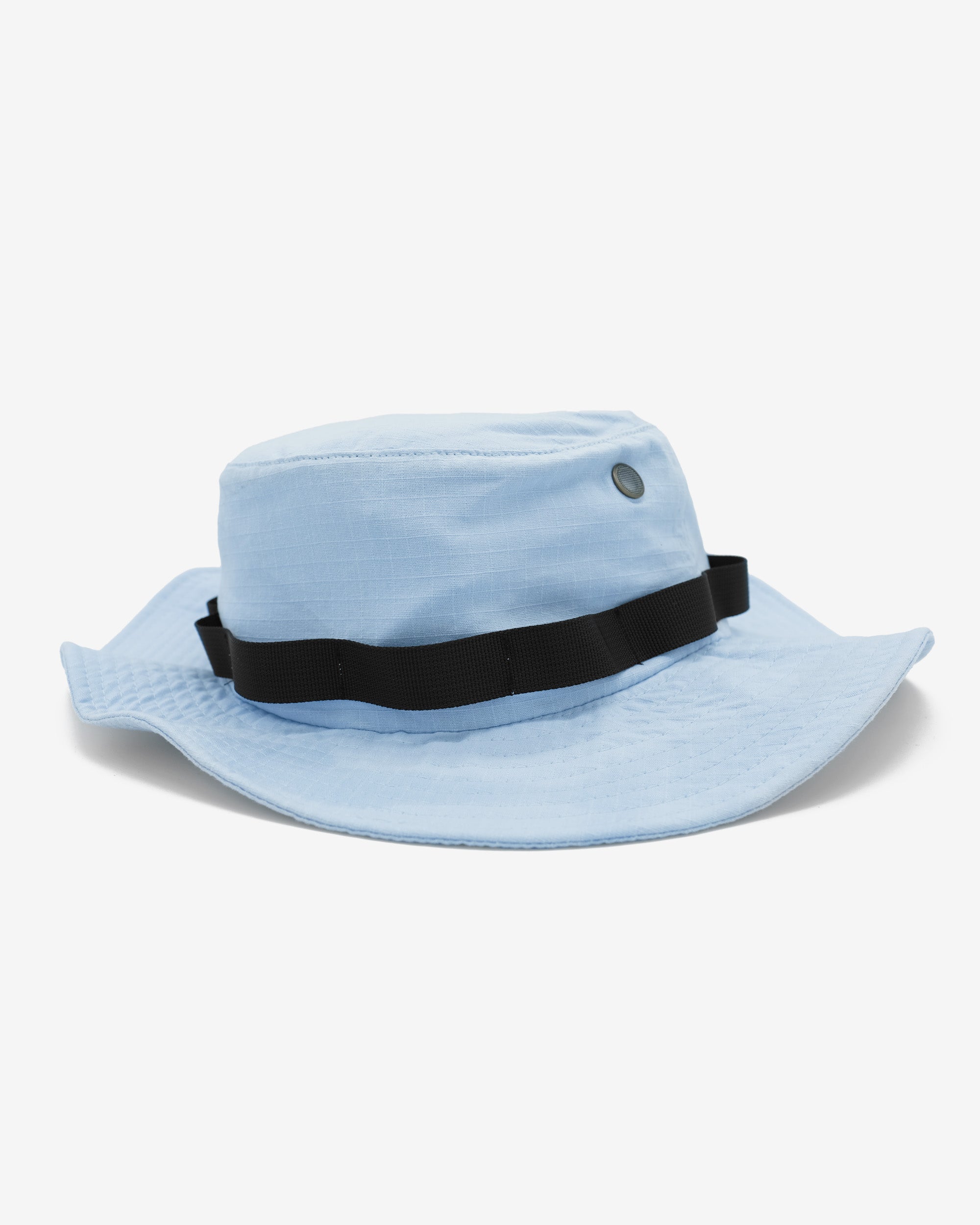Light blue bucket hat with a black band on a white background