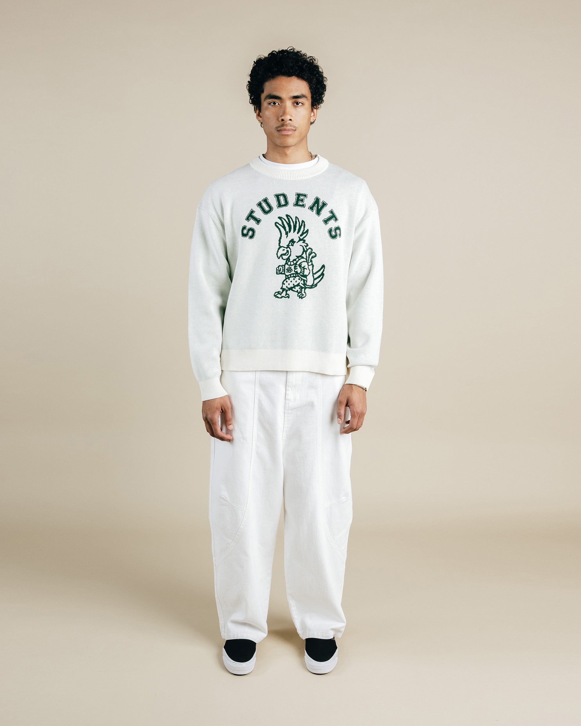 Person wearing a white sweatshirt with a graphic design on a beige background