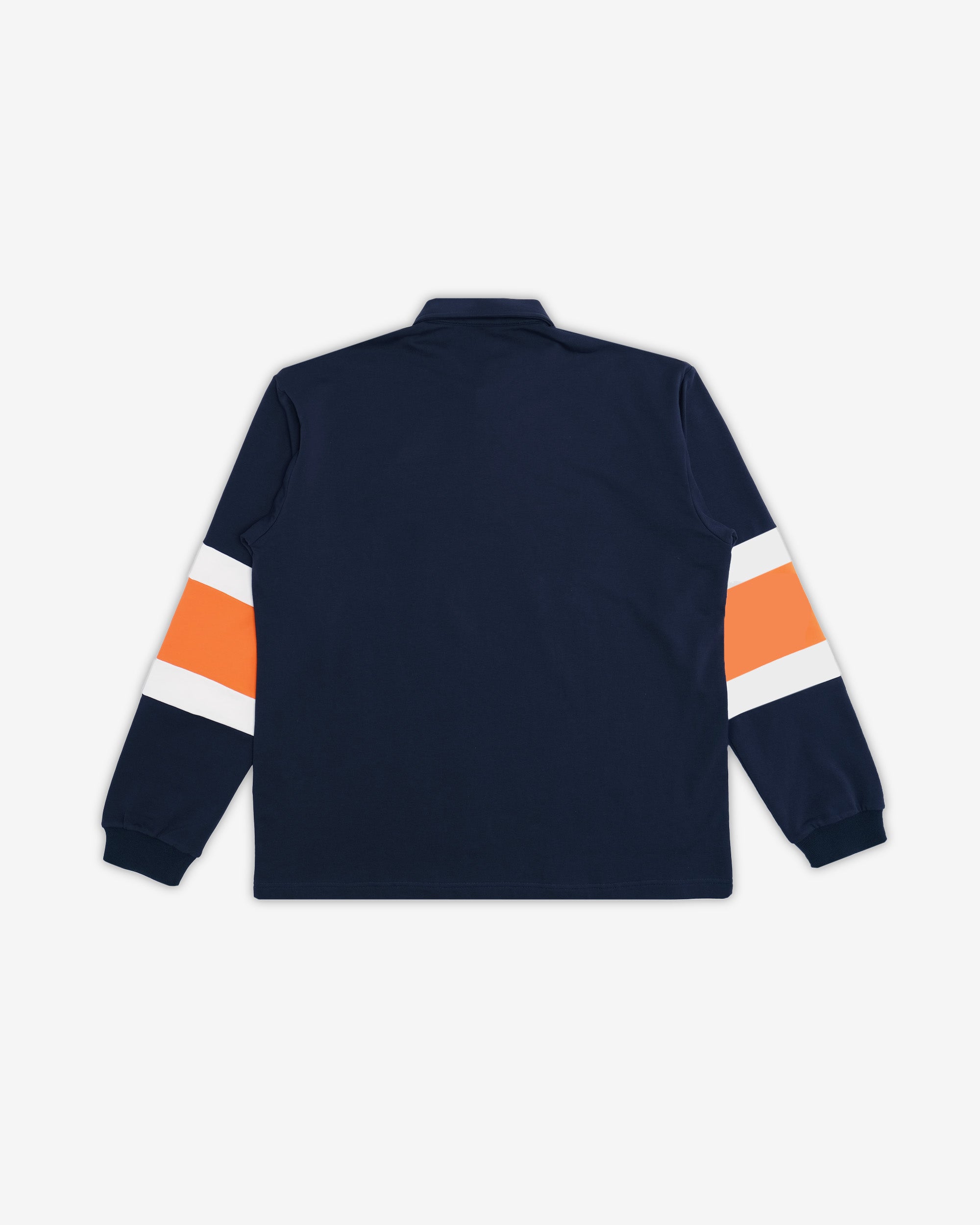 Navy blue jacket with orange and white stripe sleeves on a white background