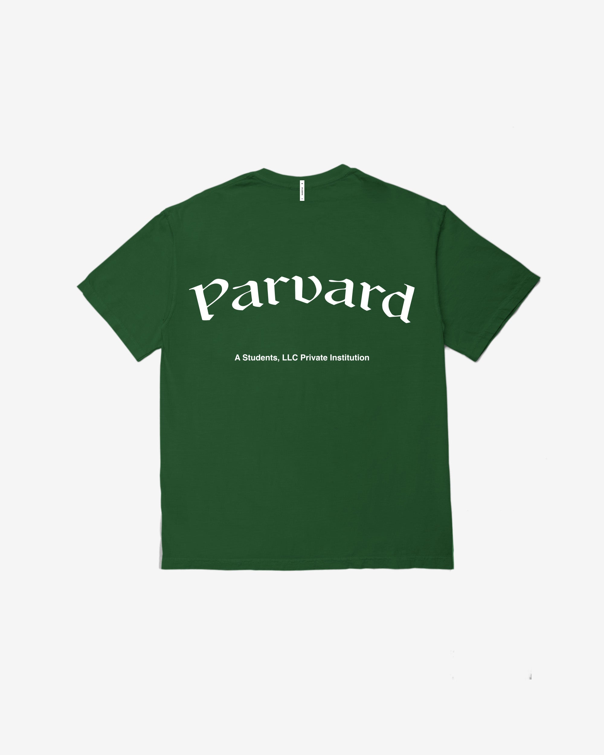 Green t-shirt with 'Parvard' text on a white background
