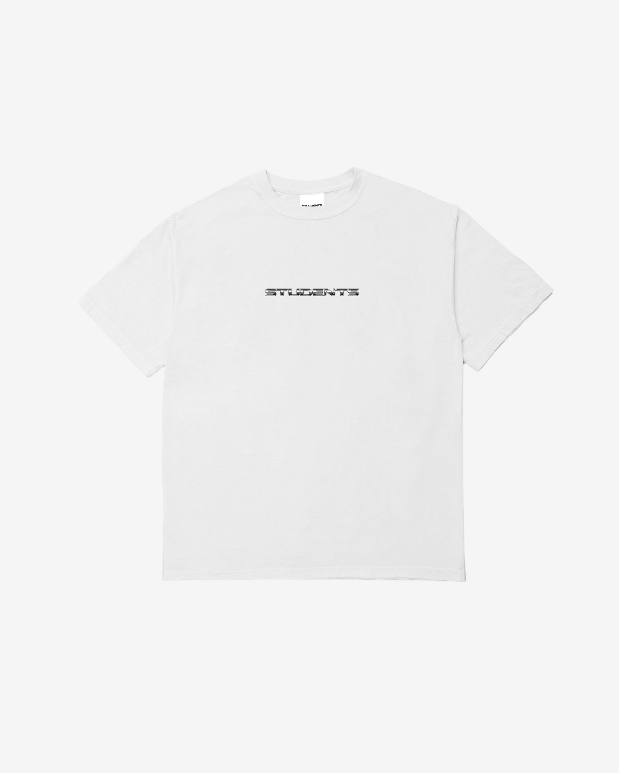 White t-shirt with 'STUDENTS' text on a white background