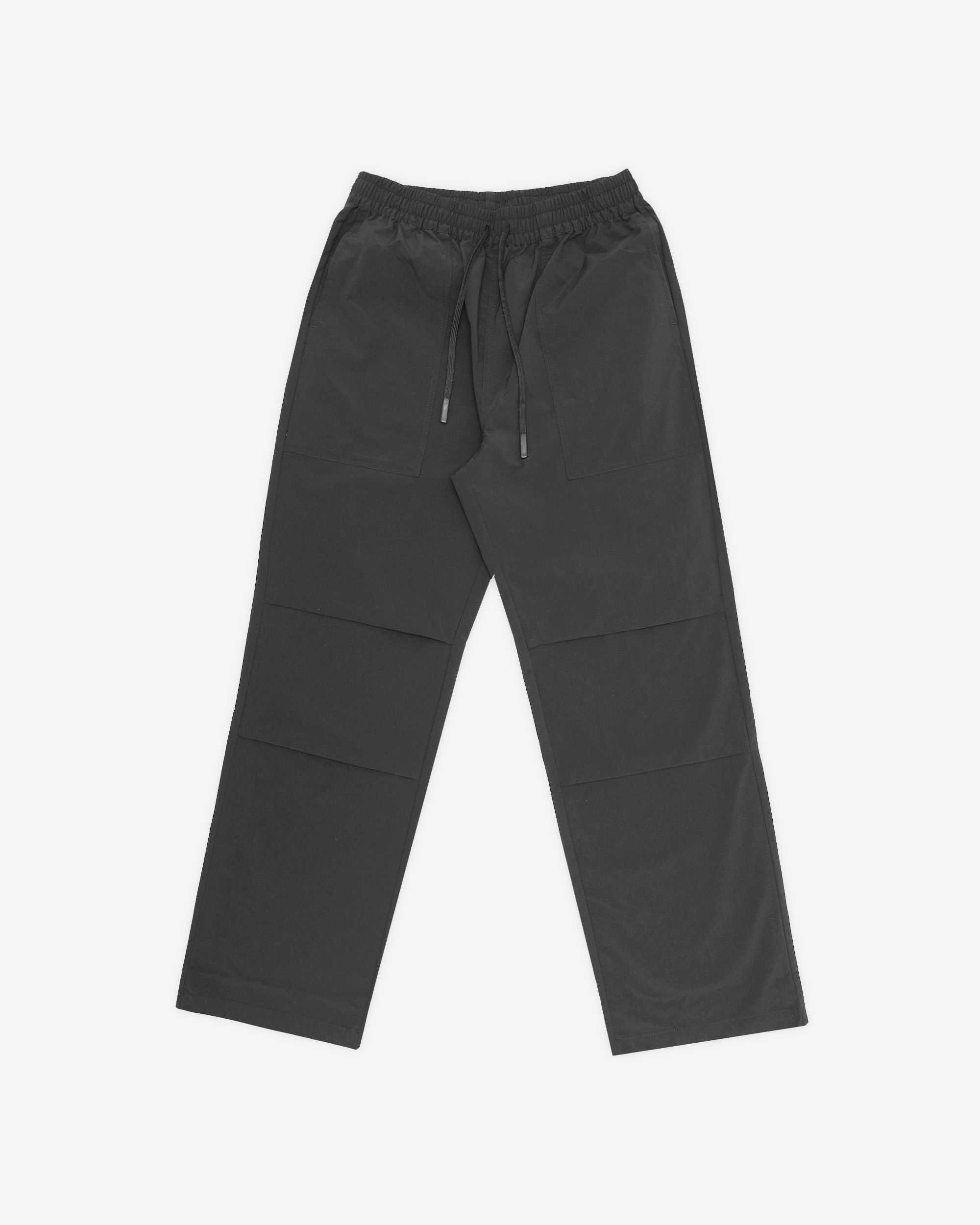 Black pants with multiple pockets on a white background