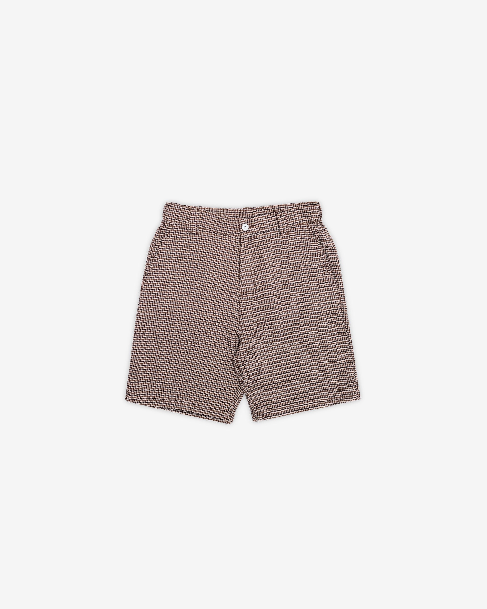 Brown checkered shorts on a white background