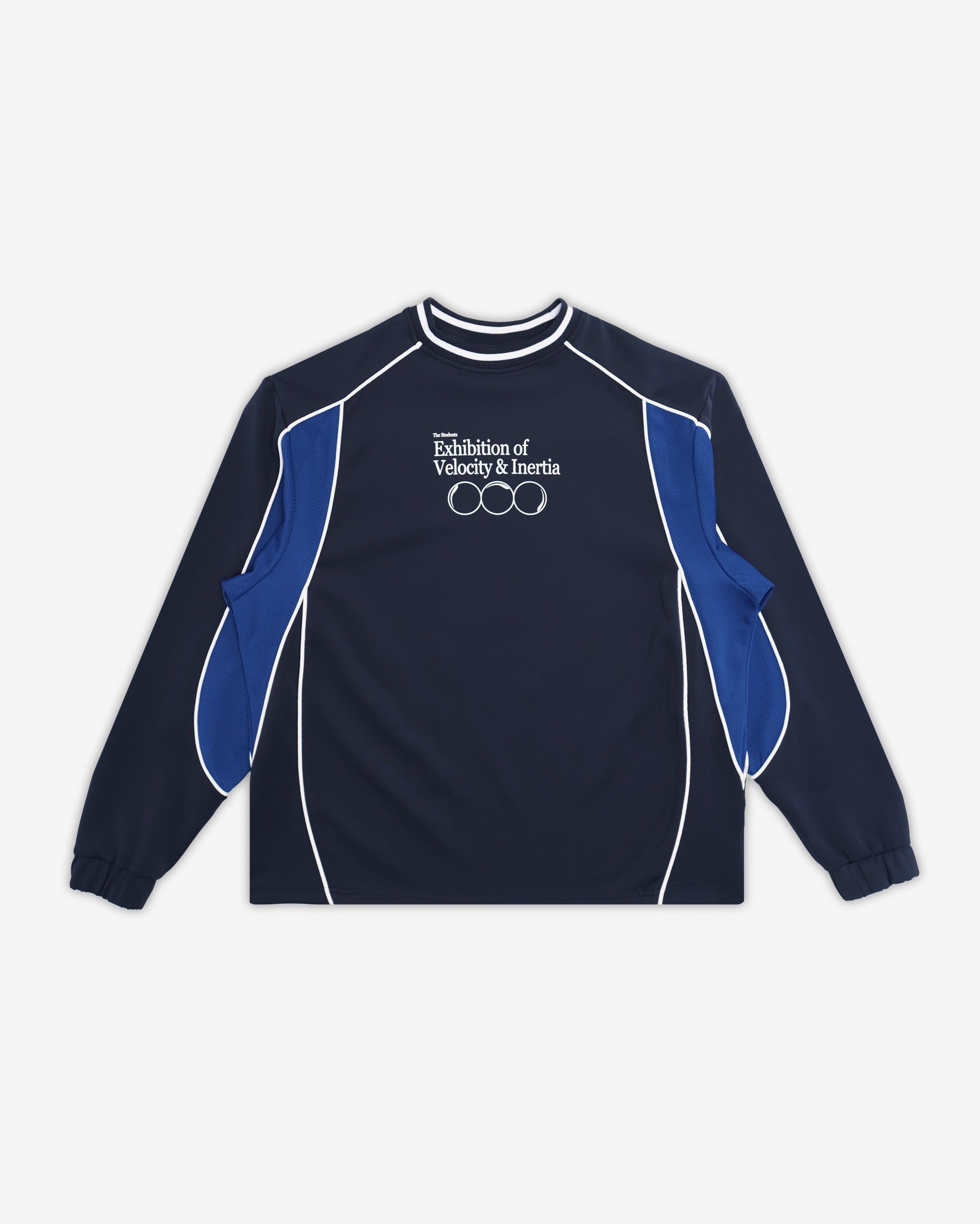 Navy and blue long-sleeve shirt with text on a white background