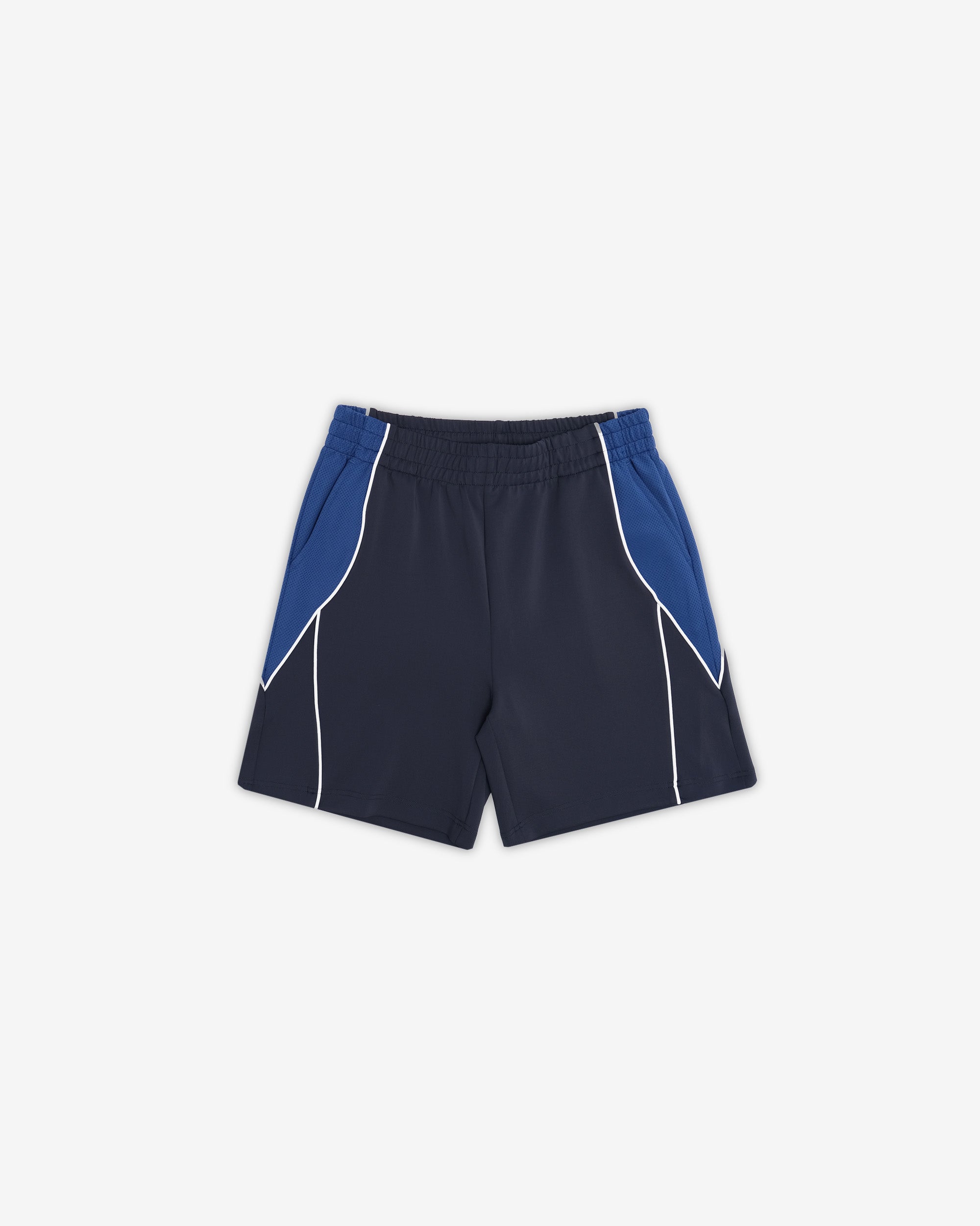 Black shorts with blue accents on a white background