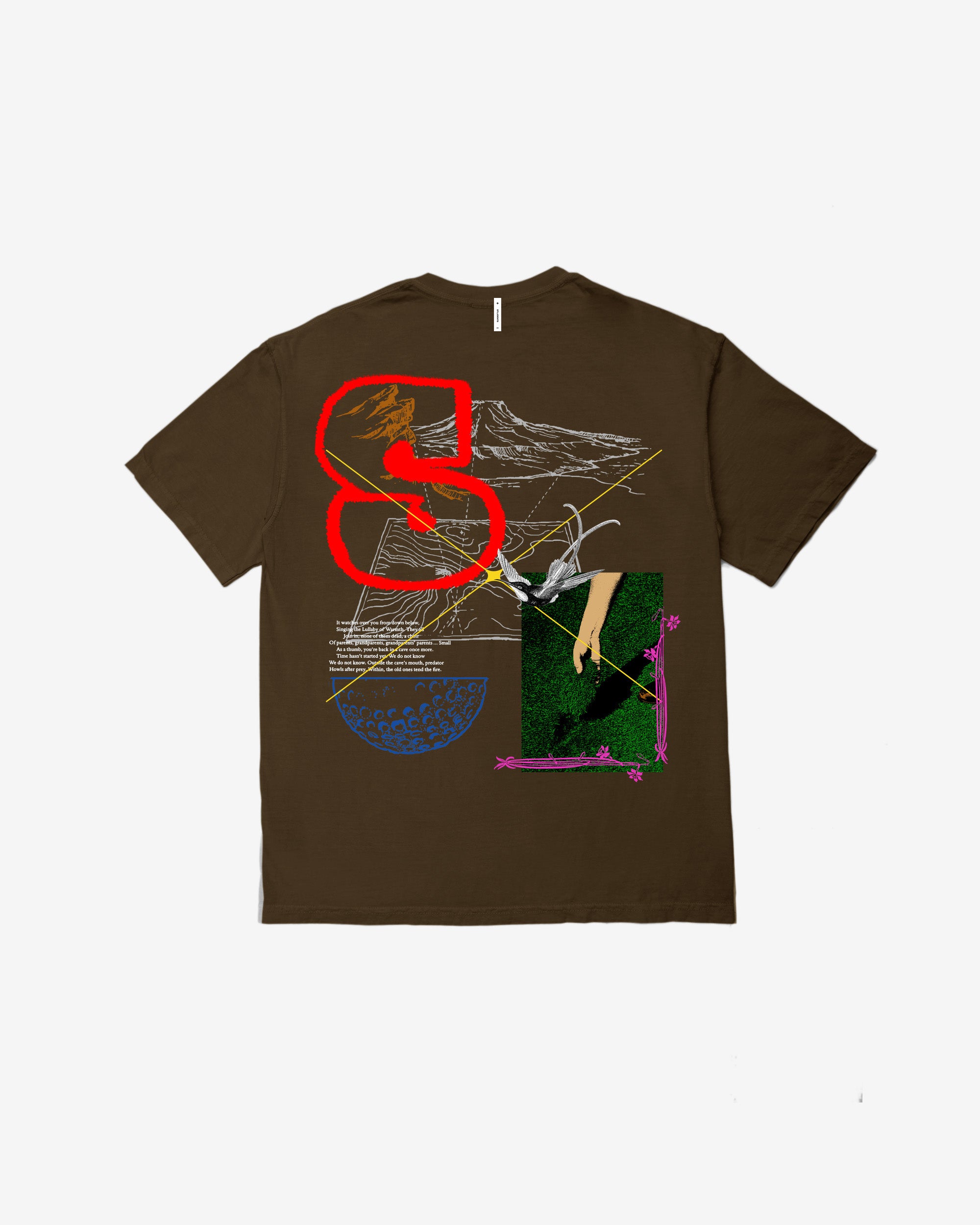 Brown t-shirt with abstract design on a white background