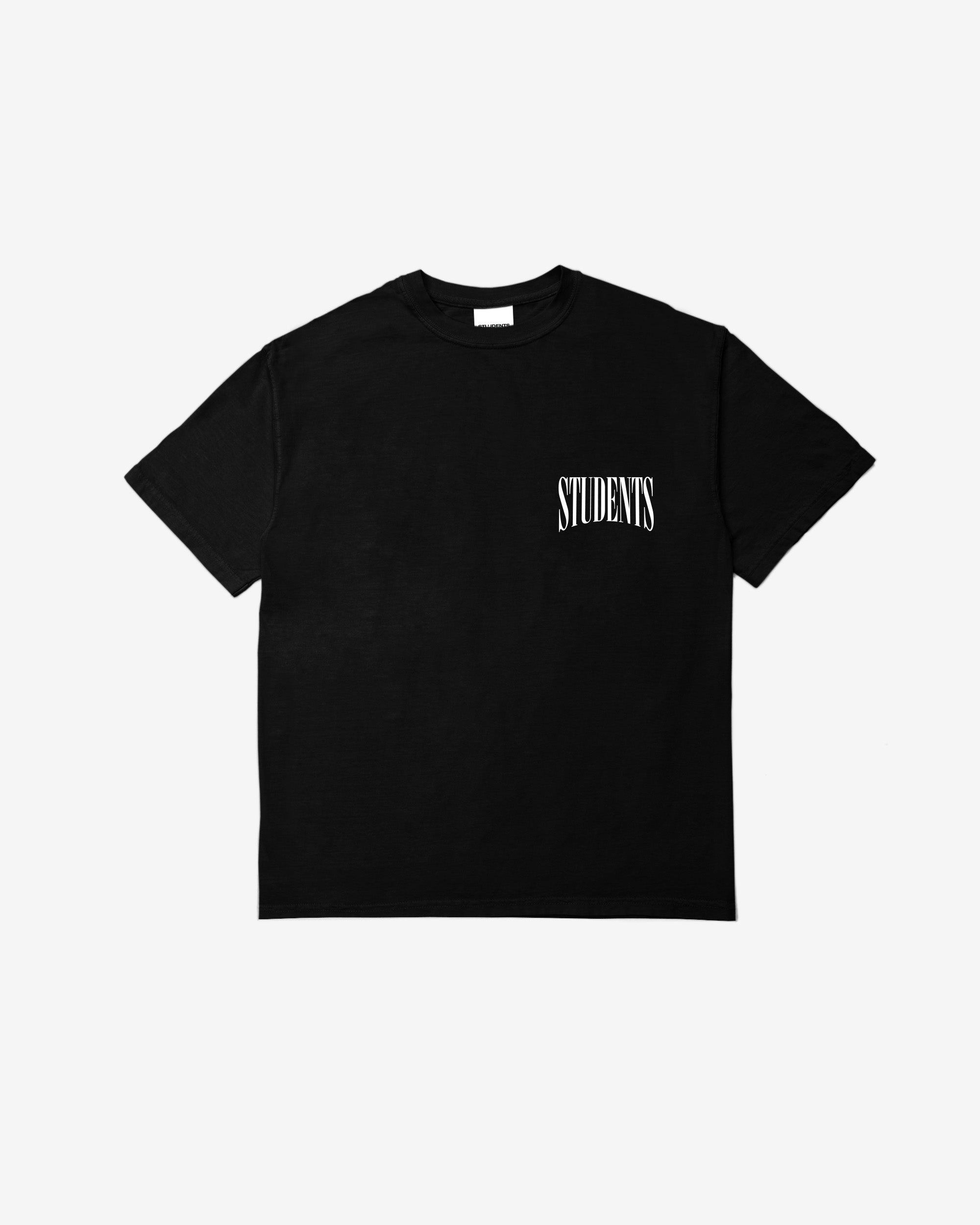 Black t-shirt with a logo on a white background