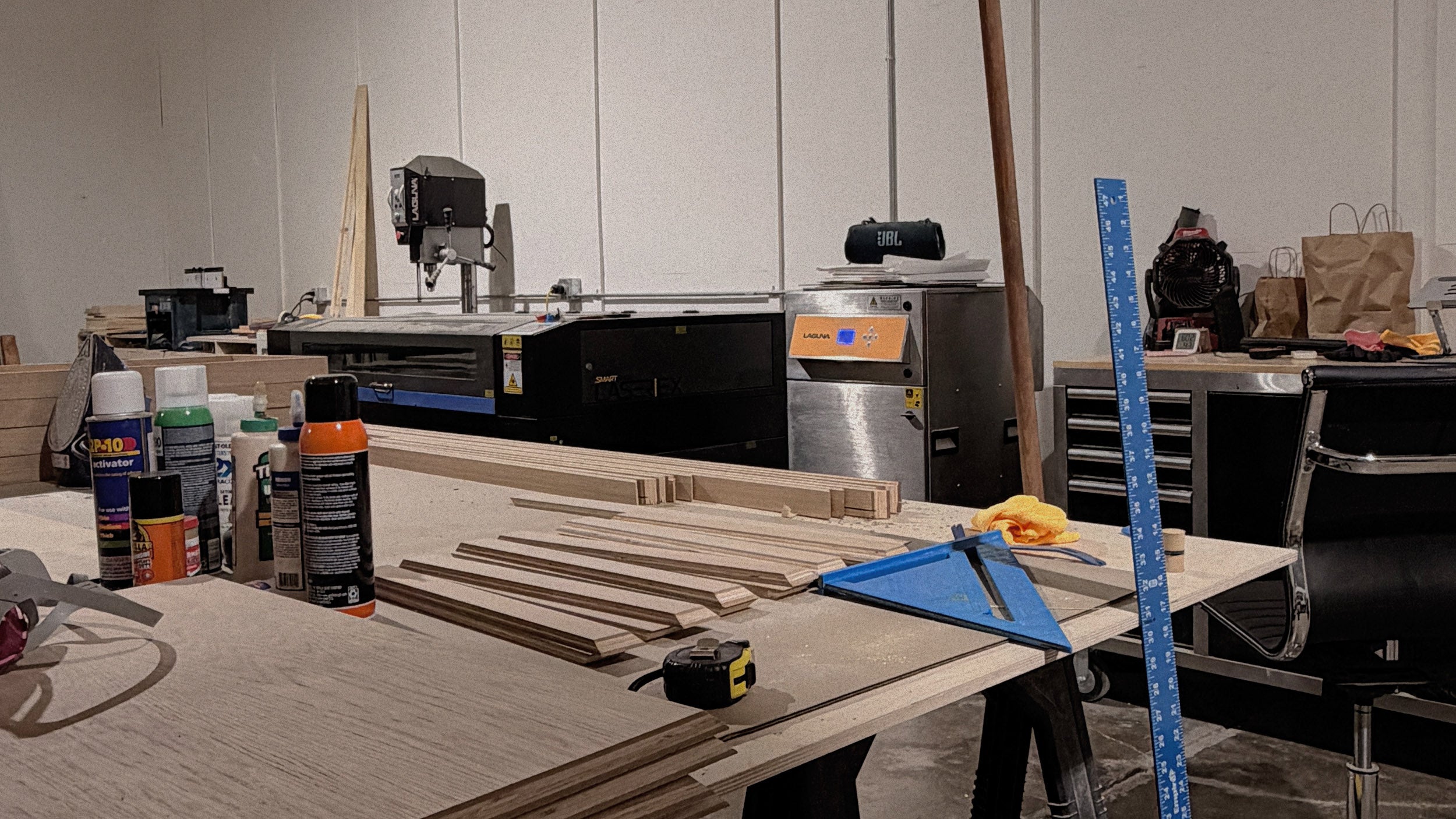 Workshop with tools and materials on a table