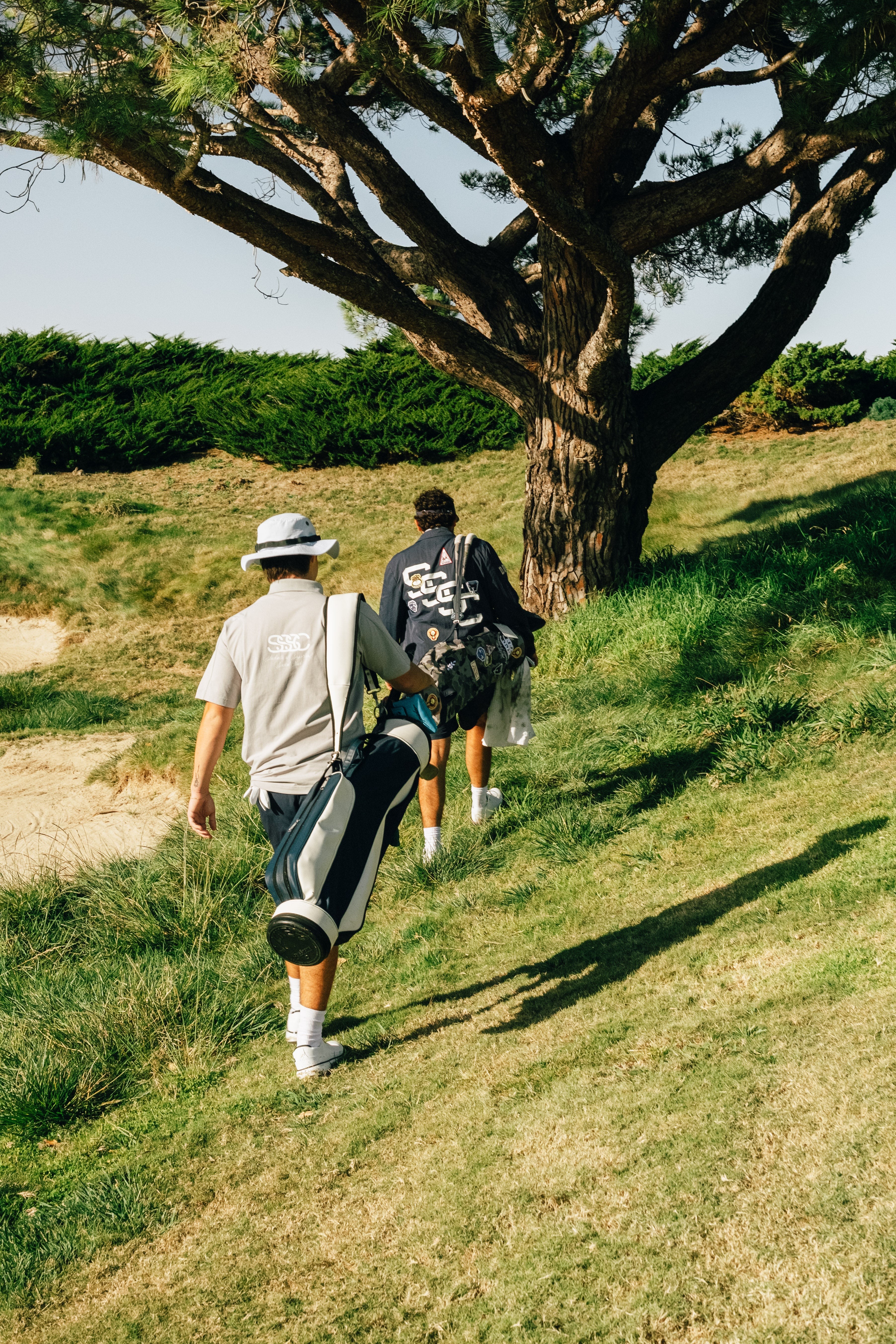 Two people walking on a grassy path with a large tree in the background
