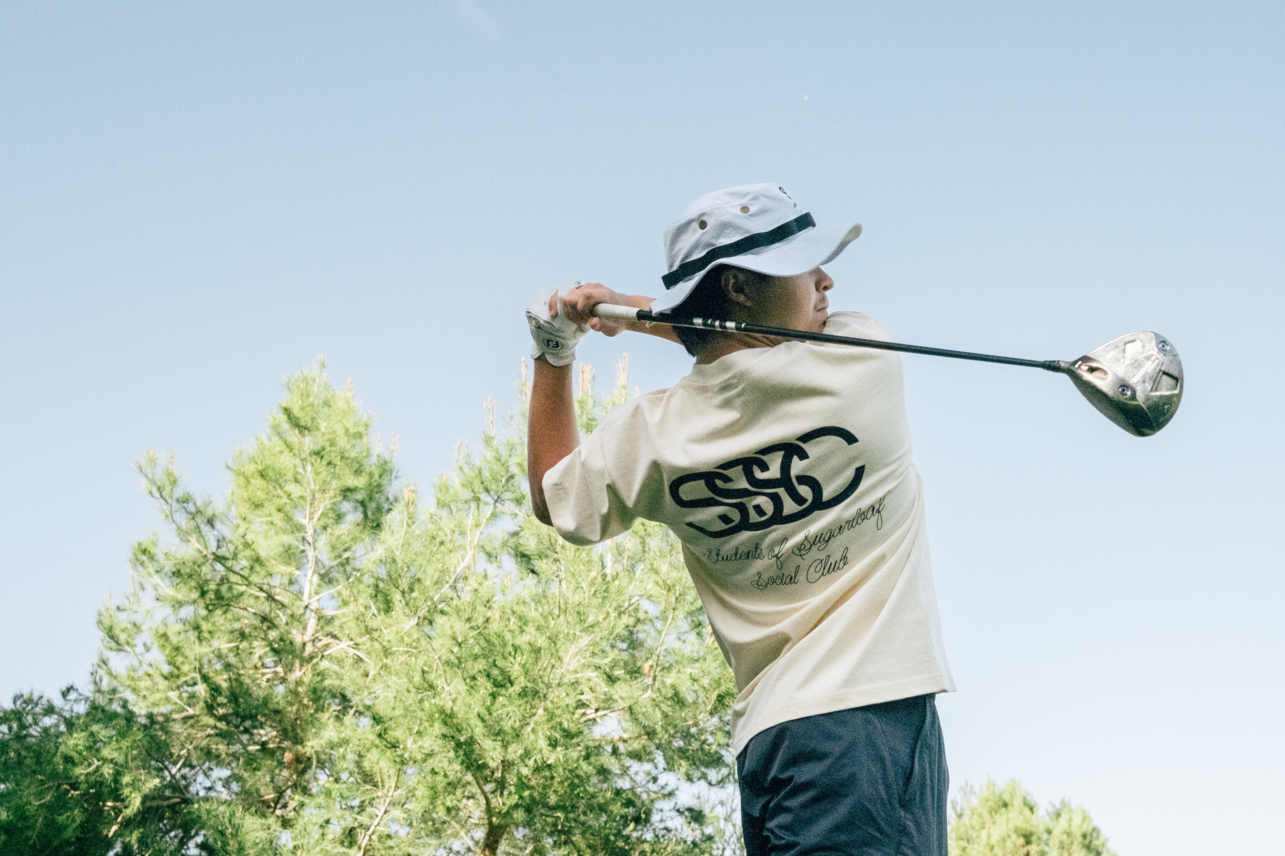 Person playing golf with a clear blue sky and trees in the background