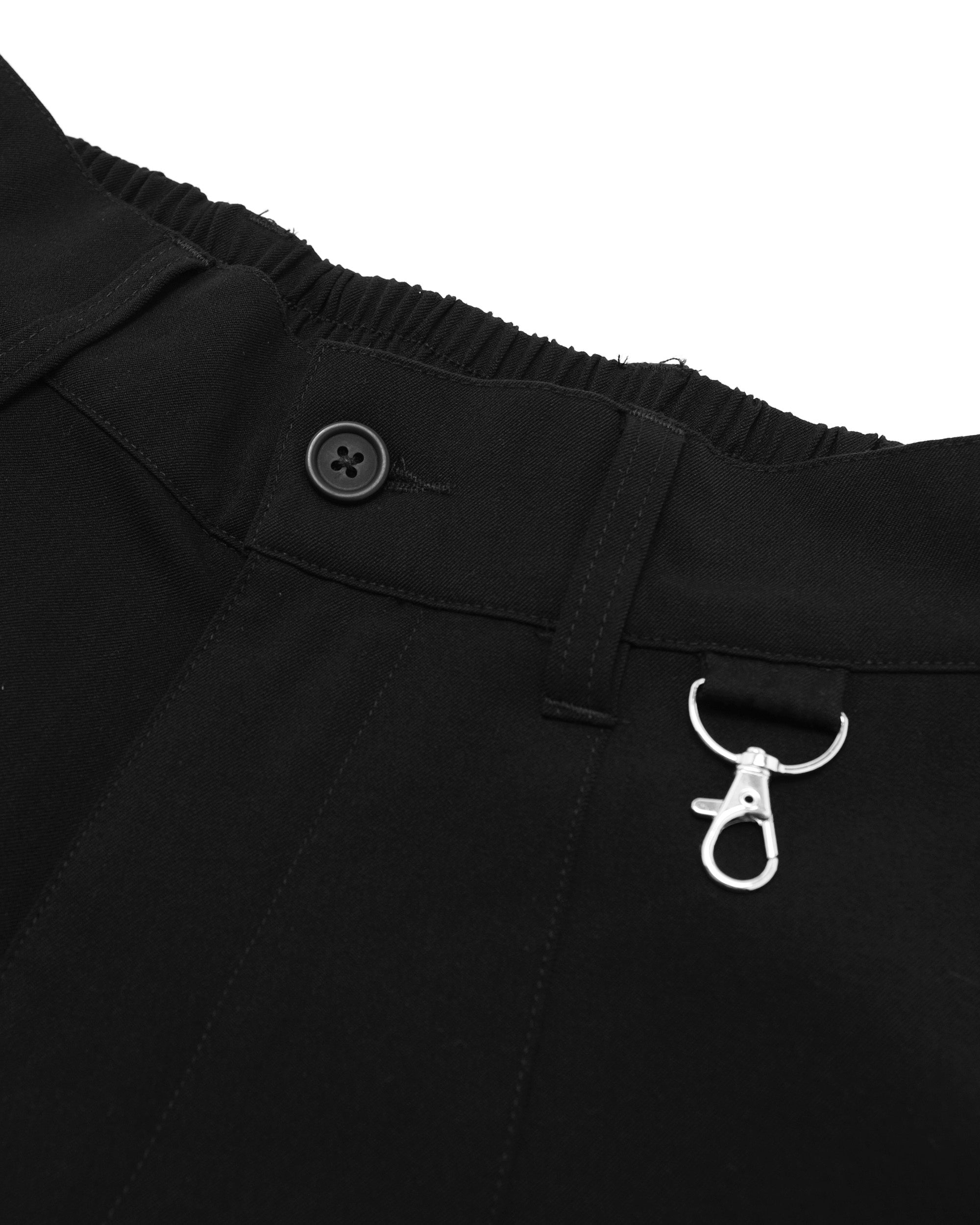 Close-up of a black pants pocket with a button and zipper on a white background