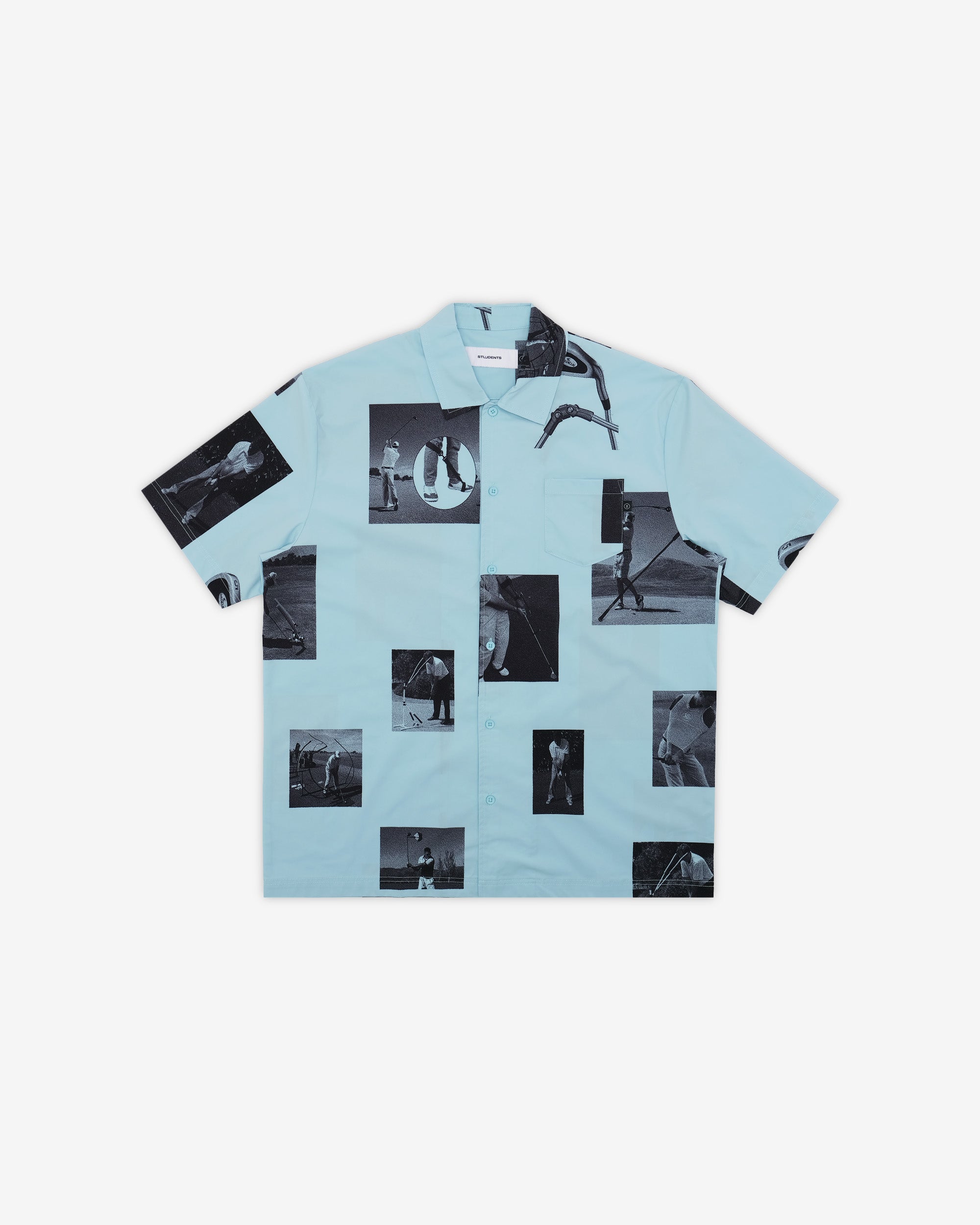 Light blue shirt with black and white photo collage pattern on a white background