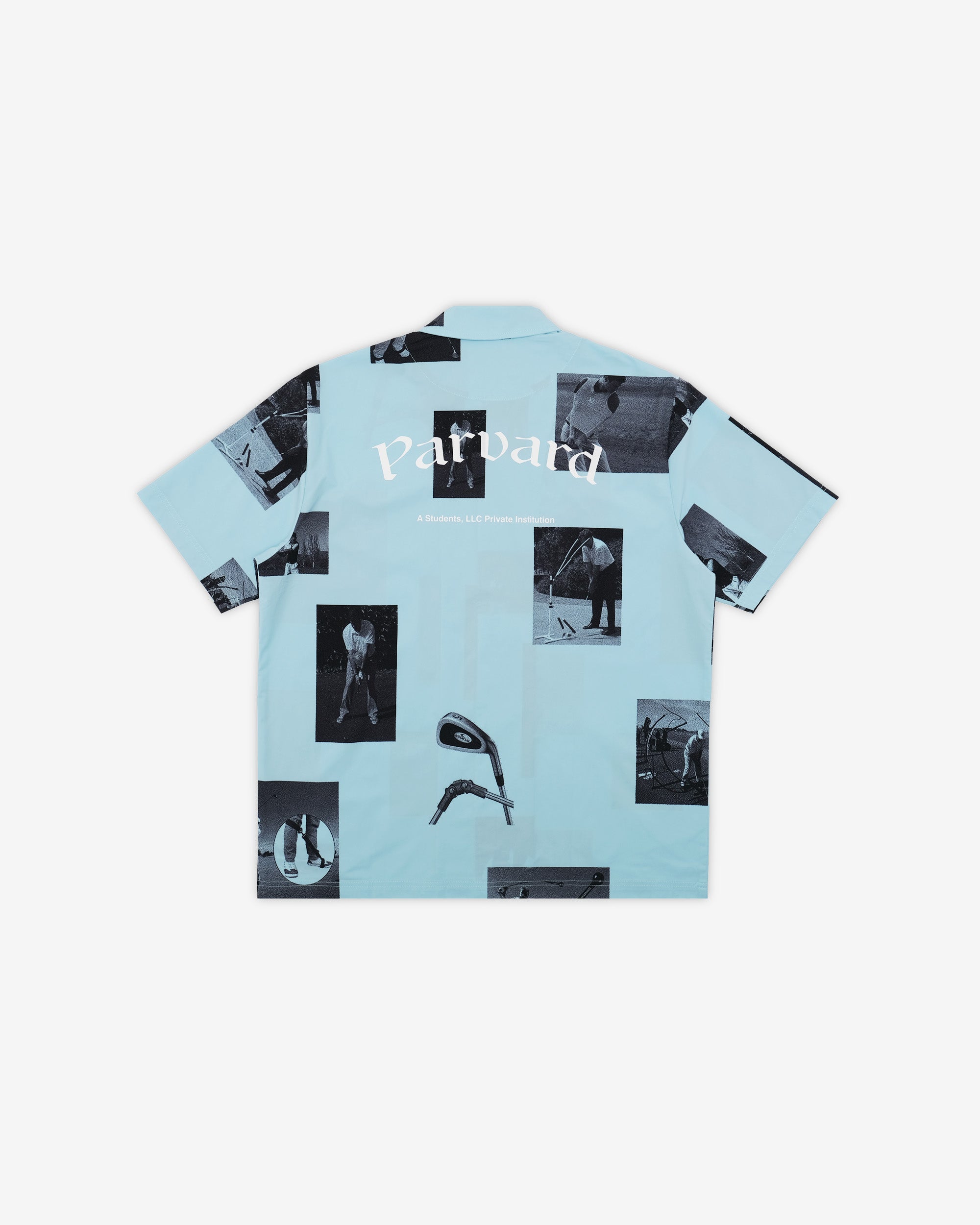 Light blue shirt with black and white graphic prints on a white background