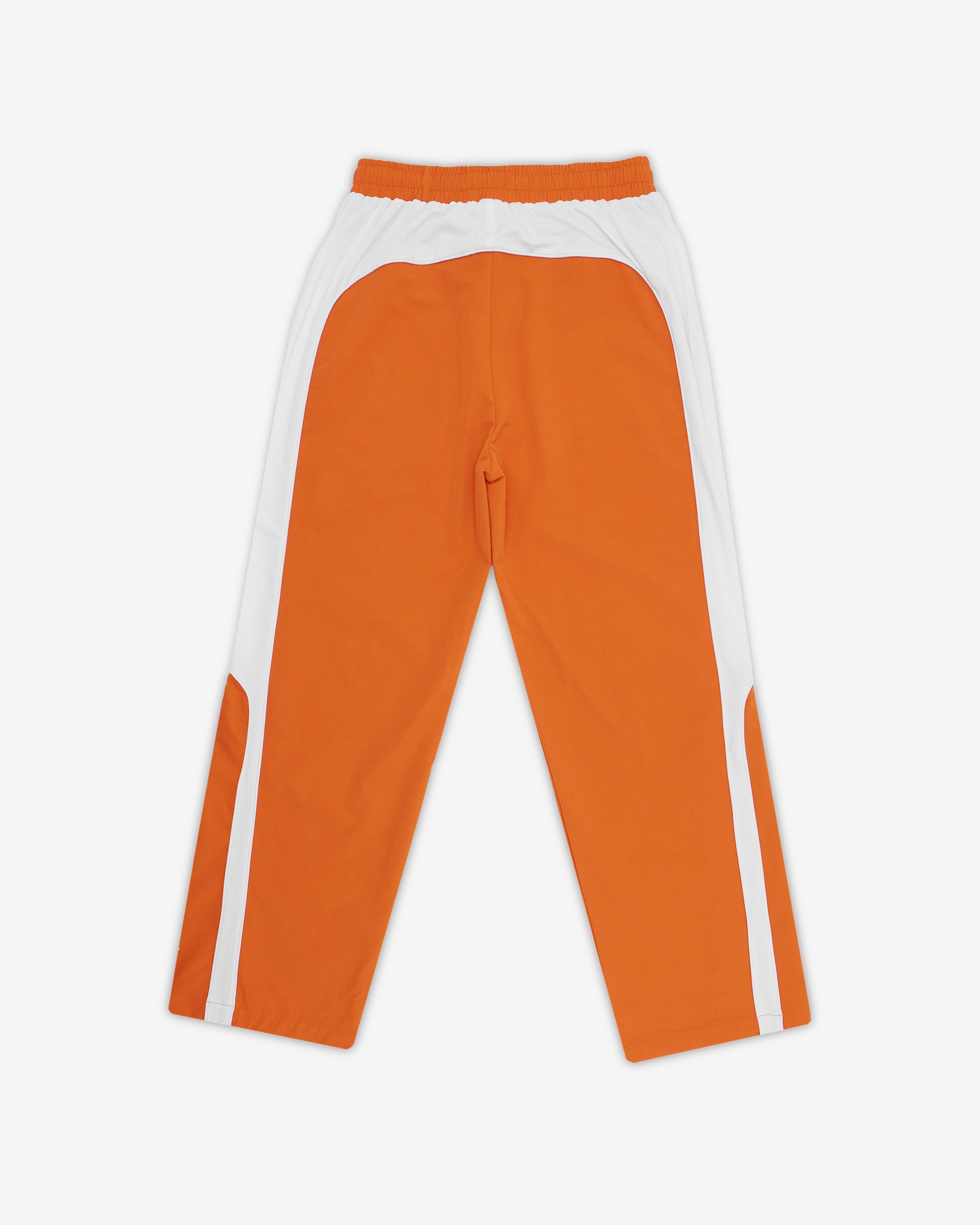 Orange track pants with white stripes on a white background