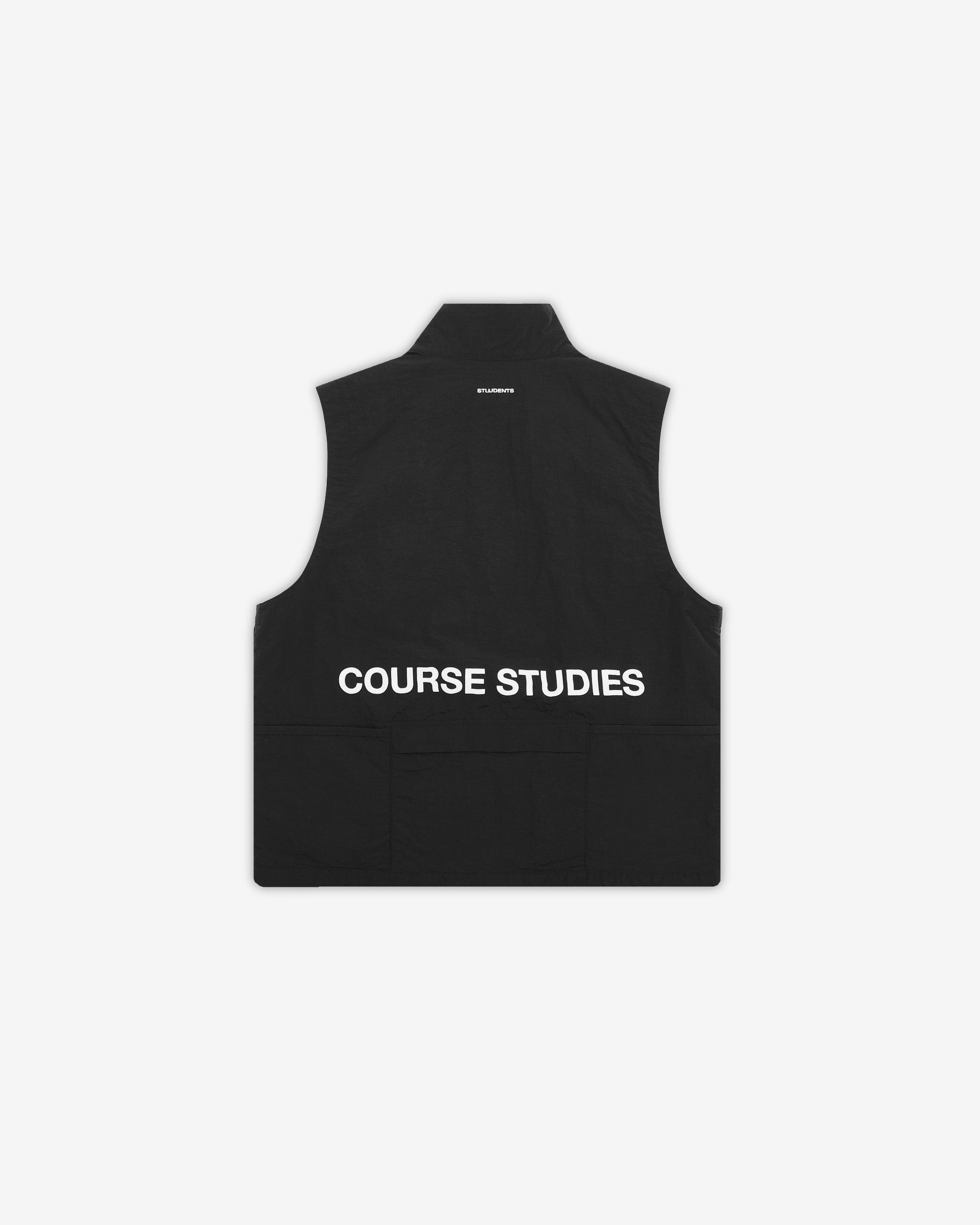 Black sleeveless vest with 'COURSE STUDIES' text on a white background