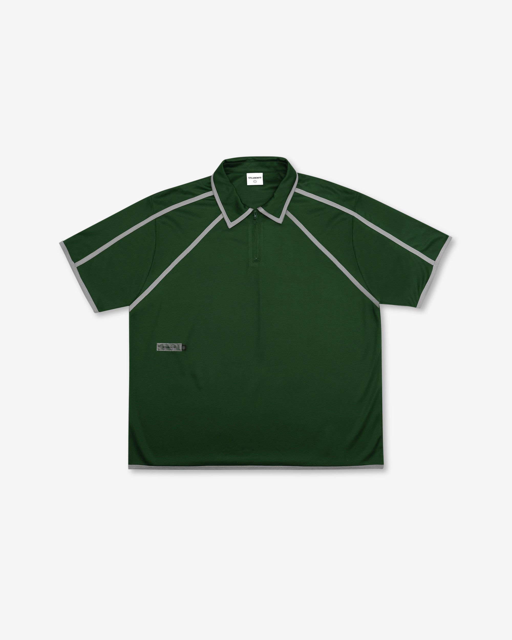 Green polo shirt with gray accents on a white background