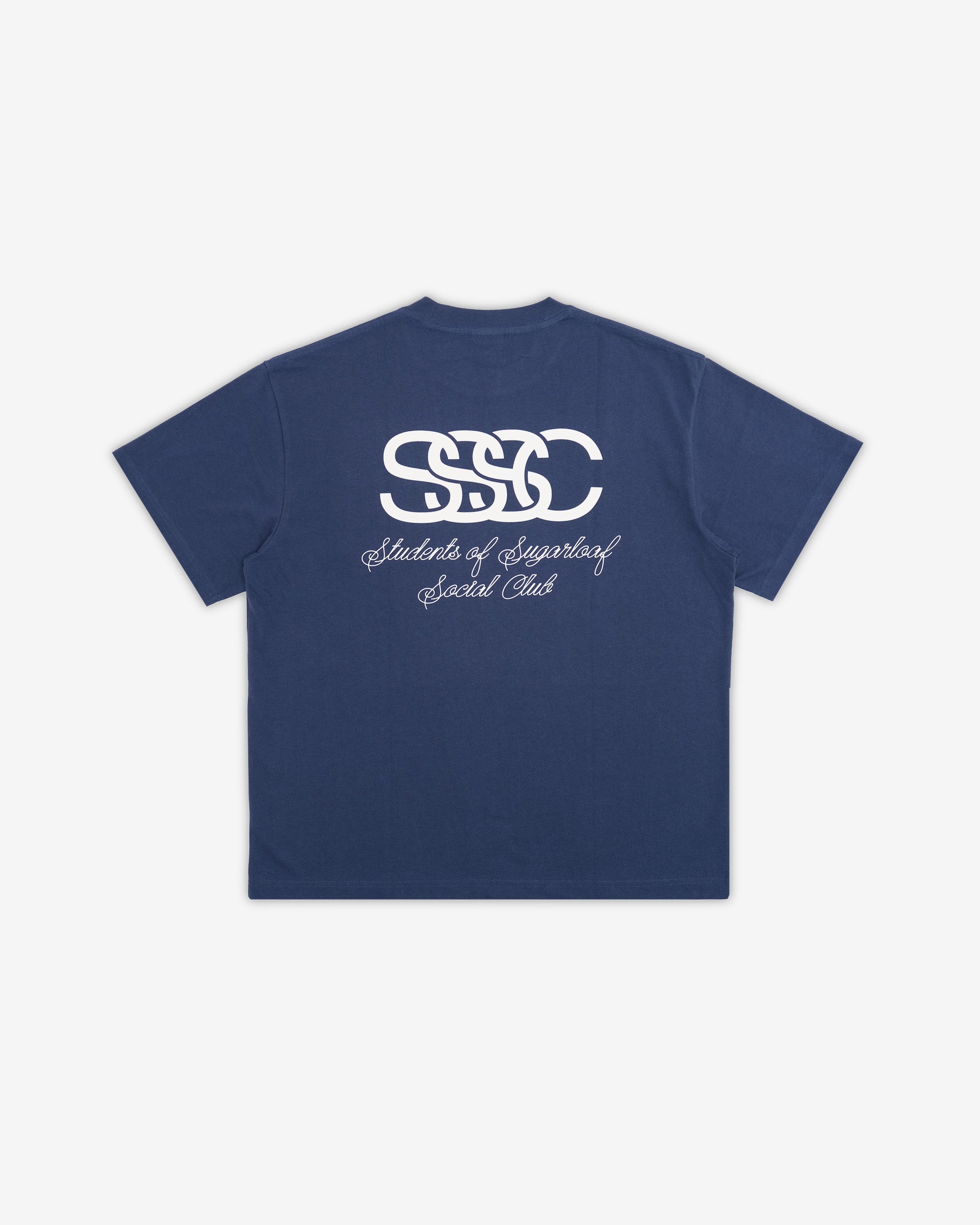 Navy blue t-shirt with white logo and text on a white background
