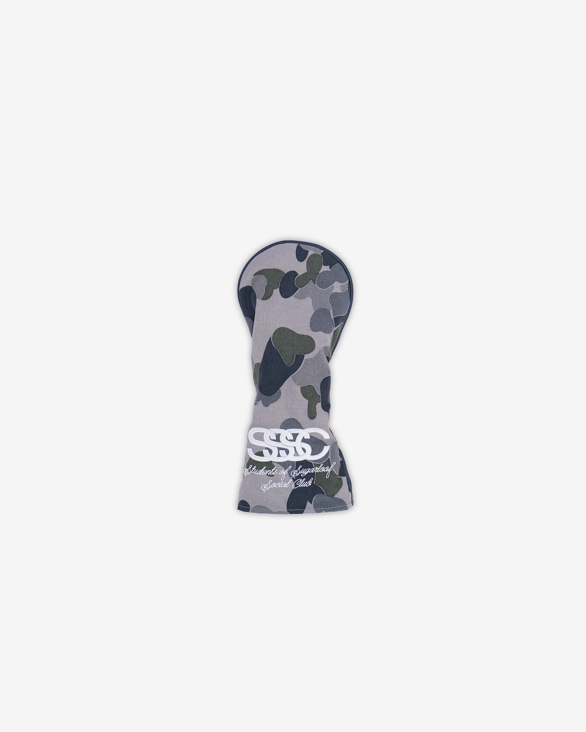 Camouflage golf club head cover with a brand logo on a white background