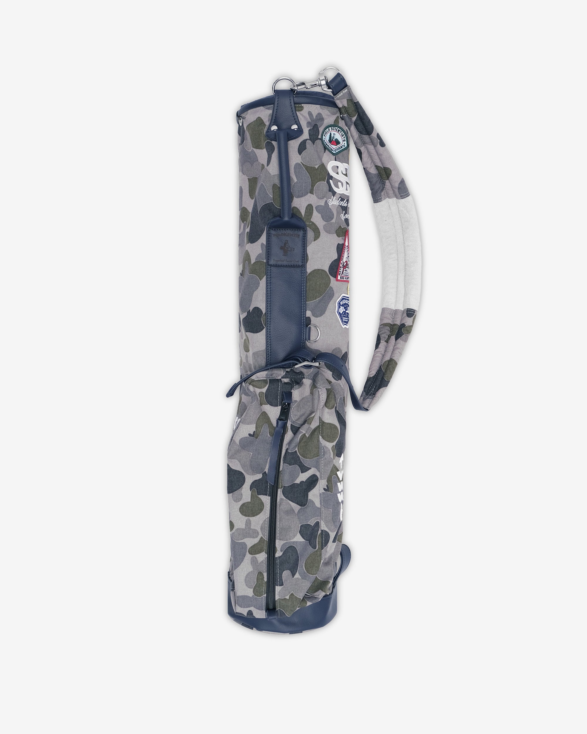 Camouflage-patterned golf bag on a white background