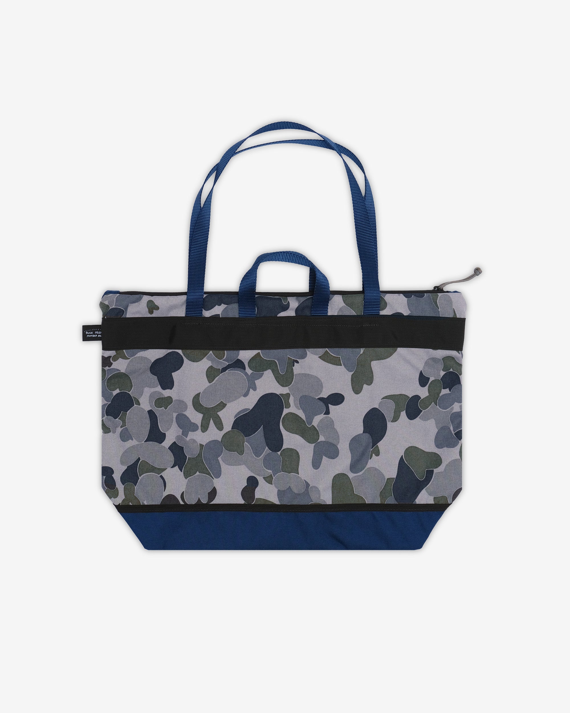 Camouflage-patterned tote bag with blue accents on a white background