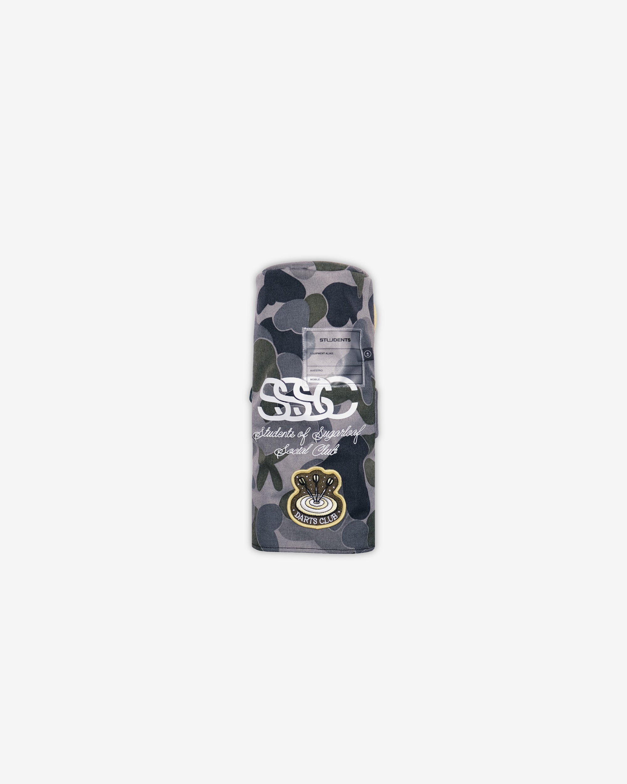 Camouflage-patterned product packaging with a logo on a white background