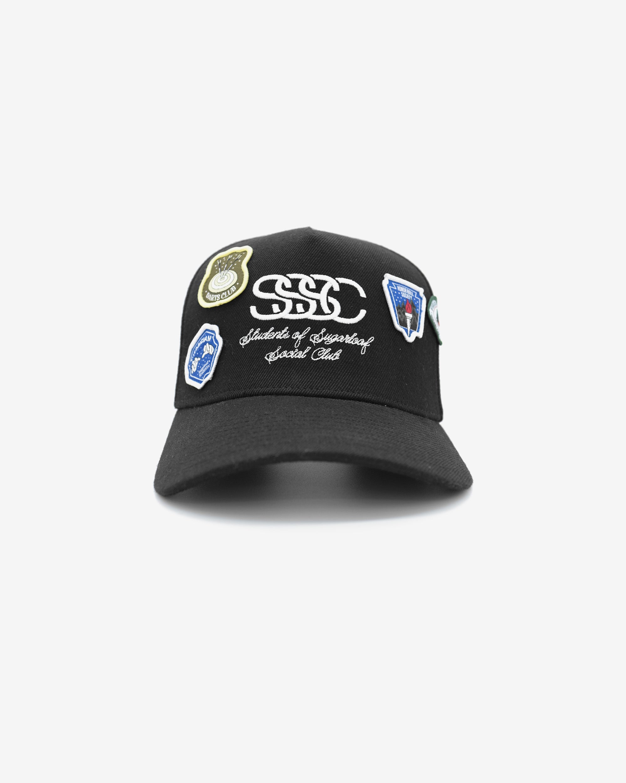 Black cap with embroidered logos and text on a white background