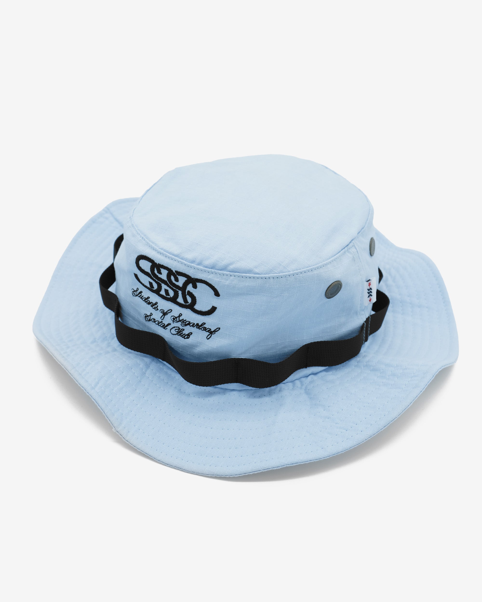 Light blue bucket hat with black band and logo on a white background