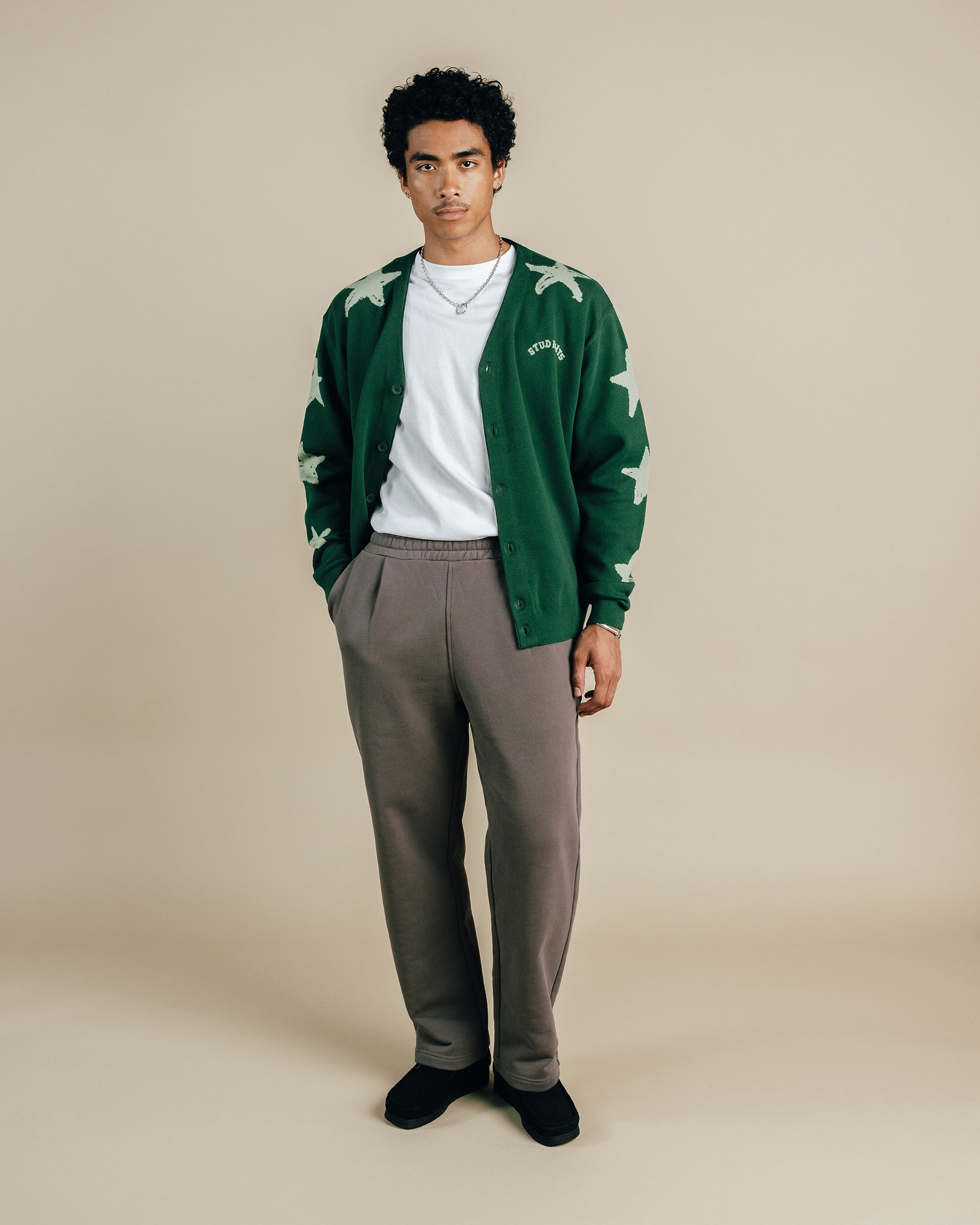 Man wearing a green cardigan with white patterns, white shirt, gray pants, and black shoes on a beige background