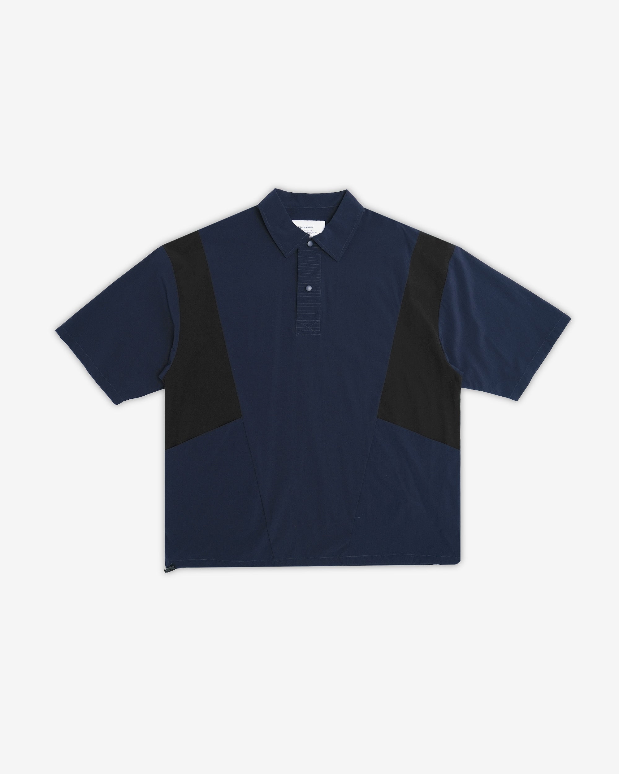 Navy blue polo shirt with black sleeves on a white background