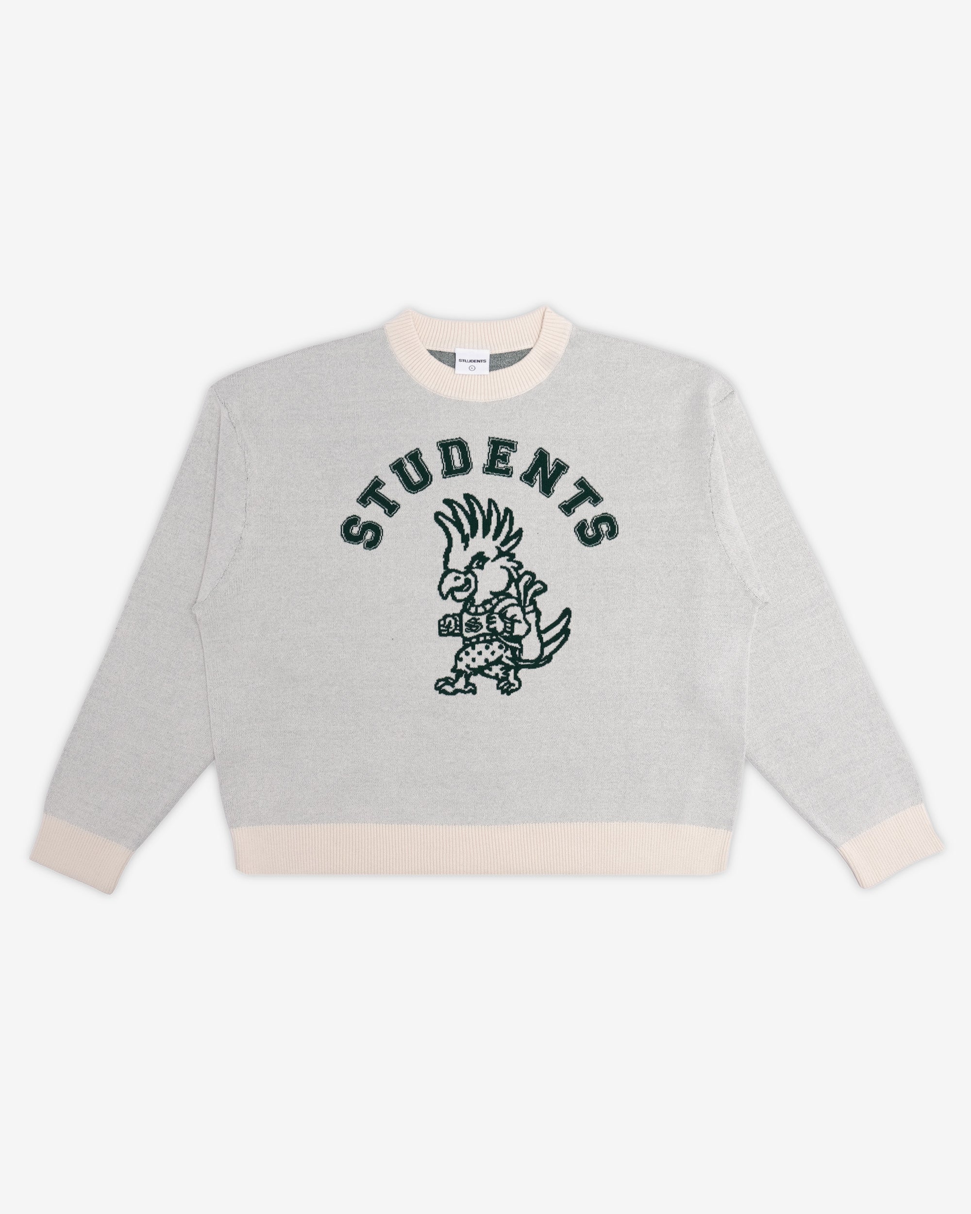 Gray sweatshirt with 'STUDENTS' and a graphic design on a white background