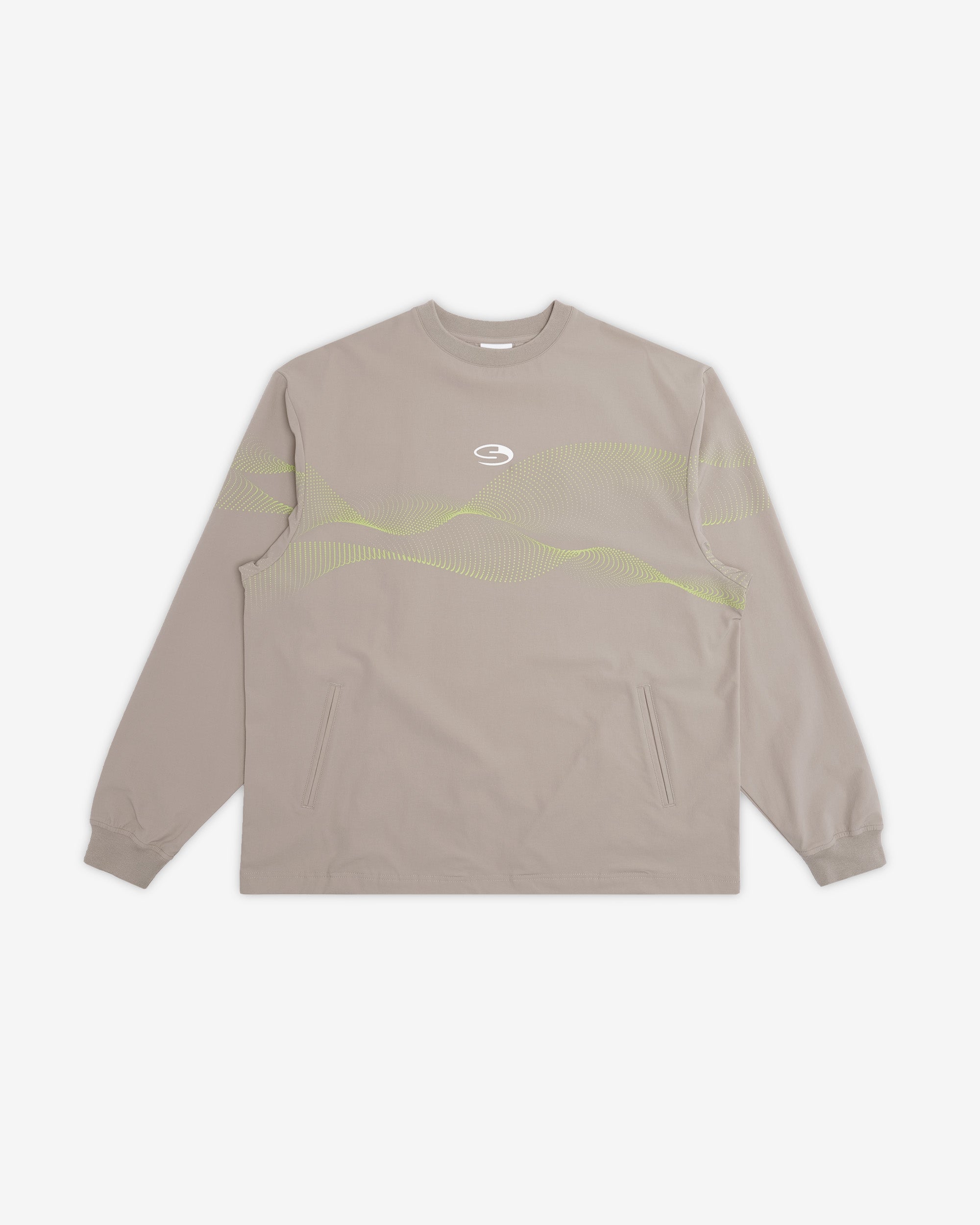 Beige long-sleeve shirt with green accents on a white background