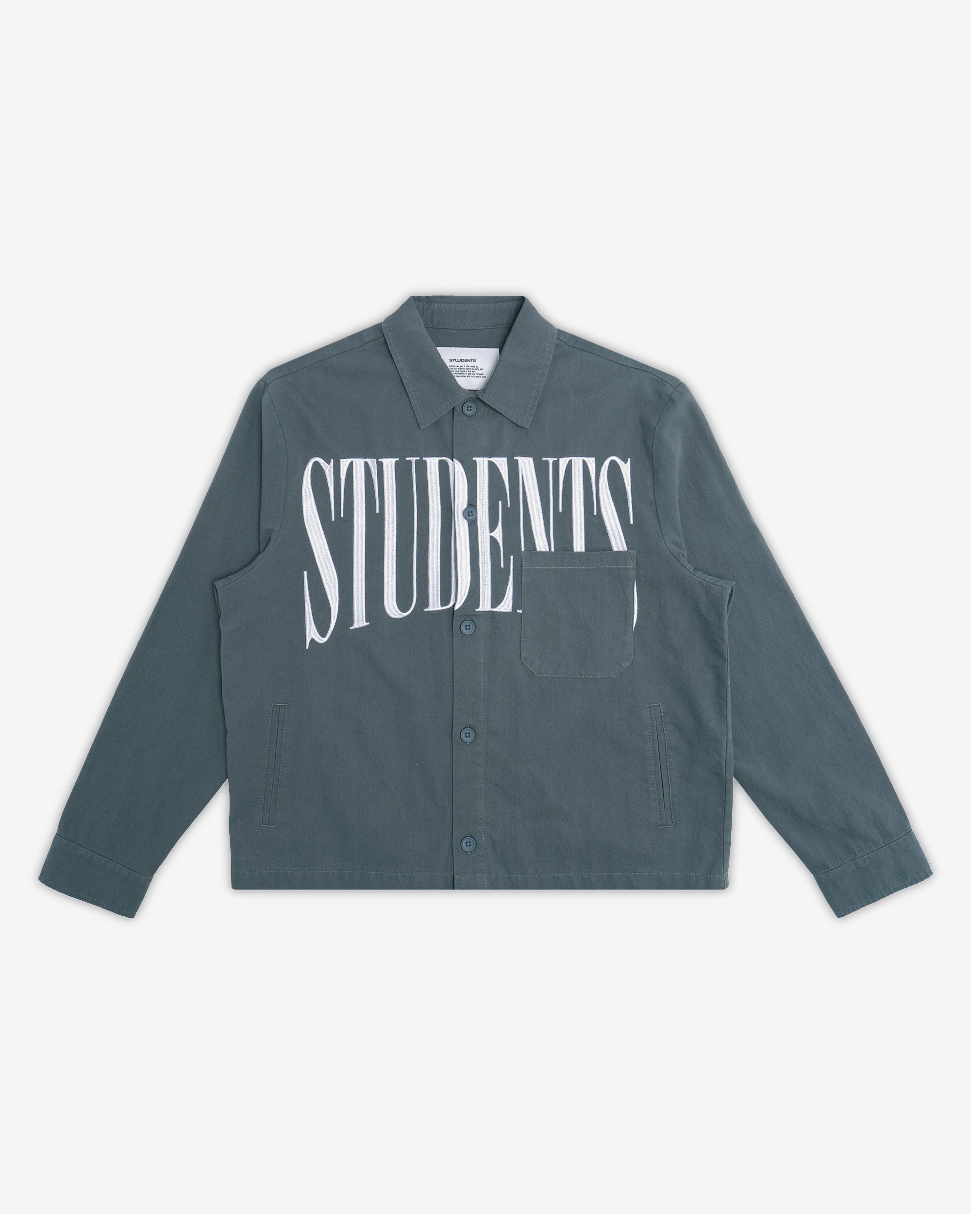 blue shirt with 'STUDENTS' text on a white background